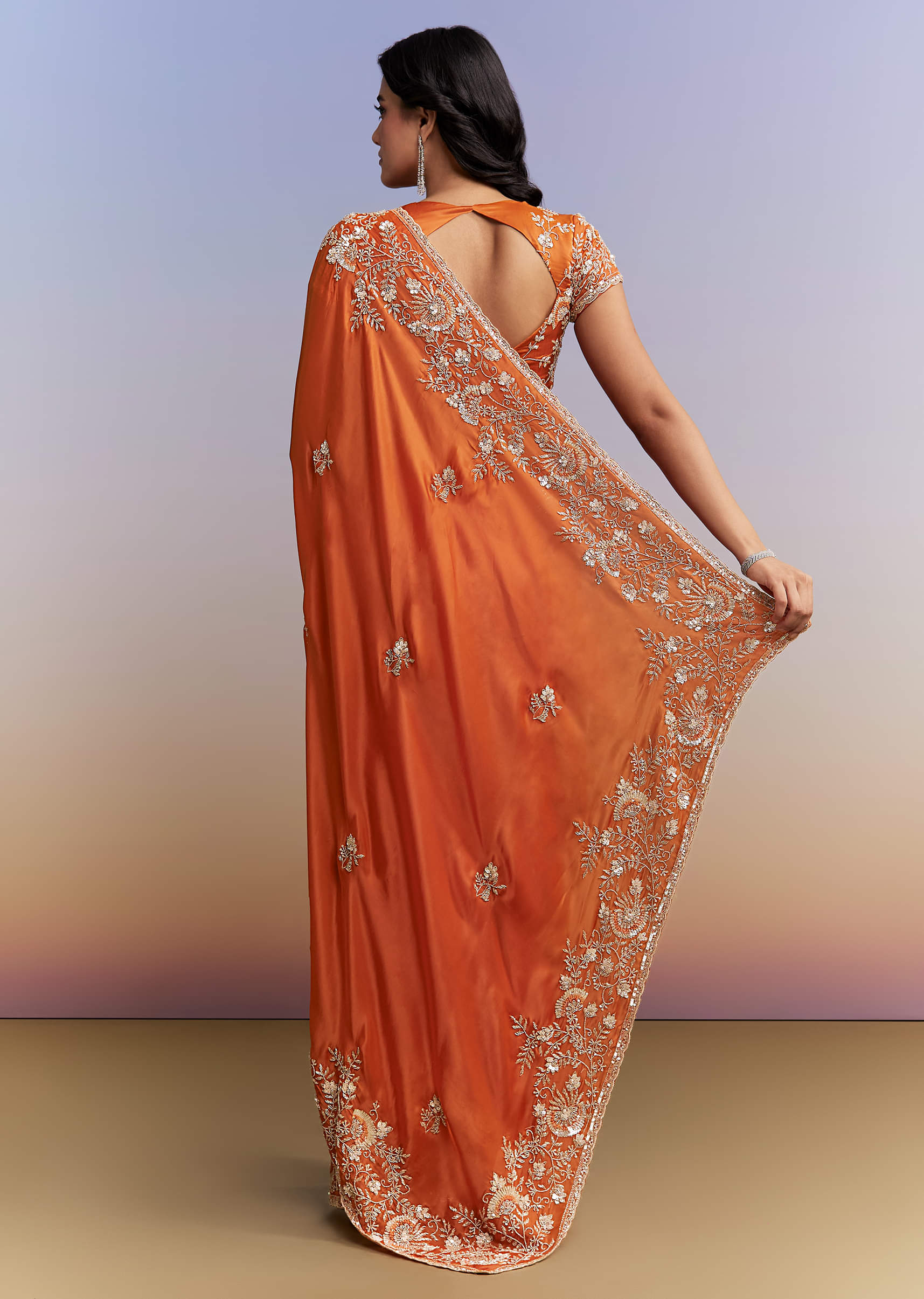 Rust Orange Satin Saree With Heavy Hand Embroidery - Image 4