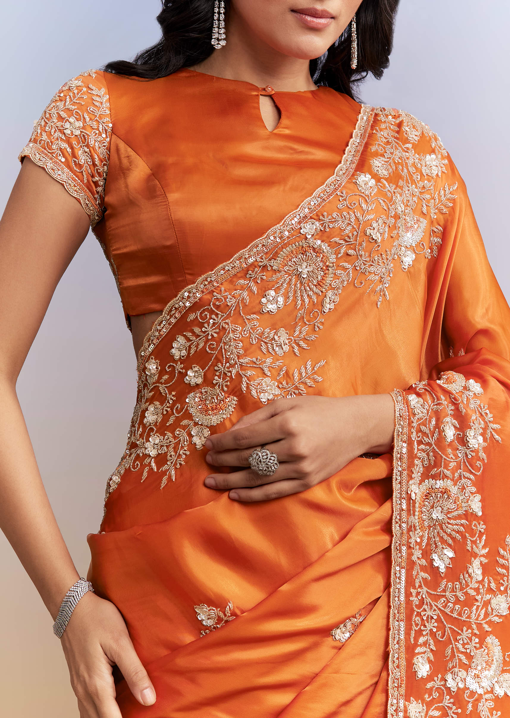 Rust Orange Satin Saree With Heavy Hand Embroidery - Image 5