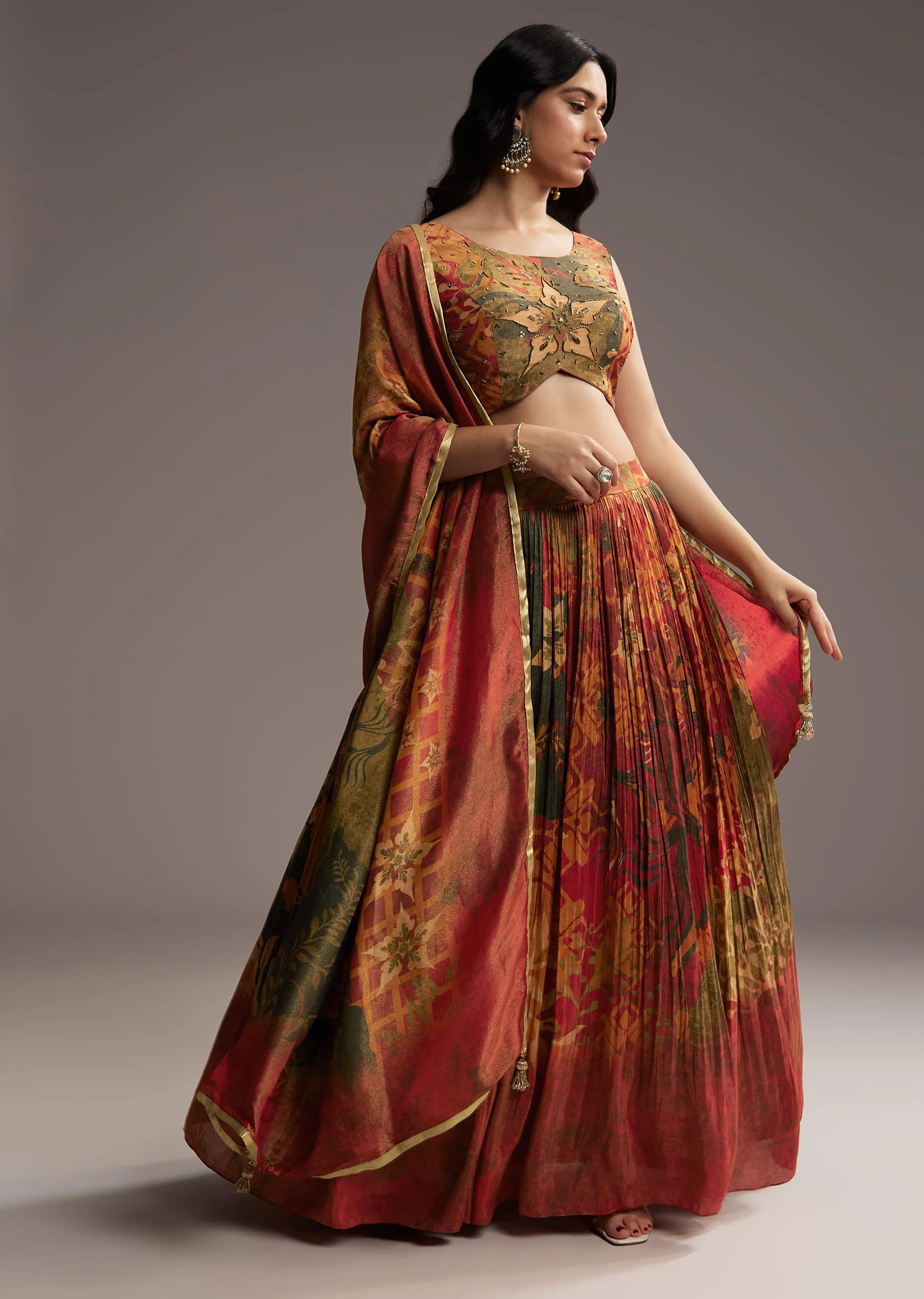 Rust Orange Tissue Lehenga Choli With Floral Print