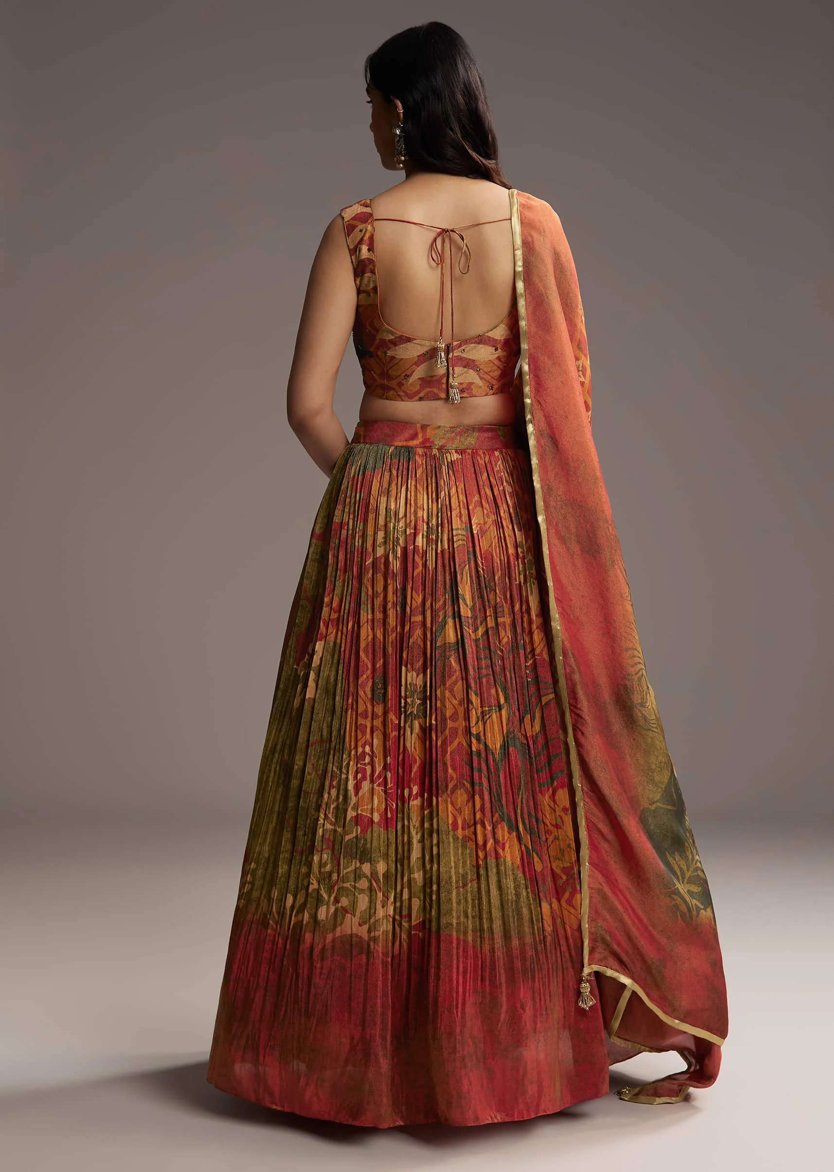 Rust Orange Tissue Lehenga Choli With Floral Print - Image 2
