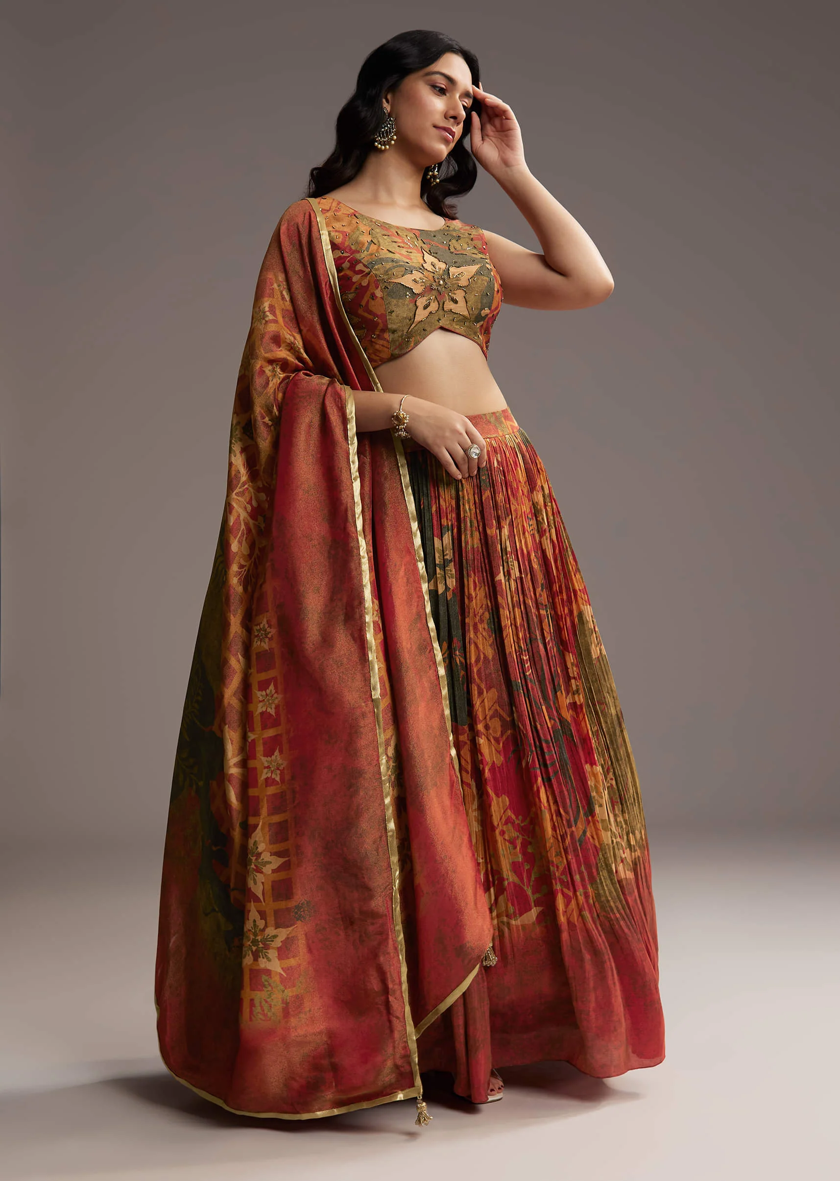 Rust Orange Tissue Lehenga Choli With Floral Print - Image 4