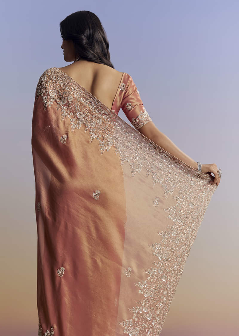 Rust Orange Tissue Saree With Floral Embroidery In Cutdana Sequins And Beads - Image 4