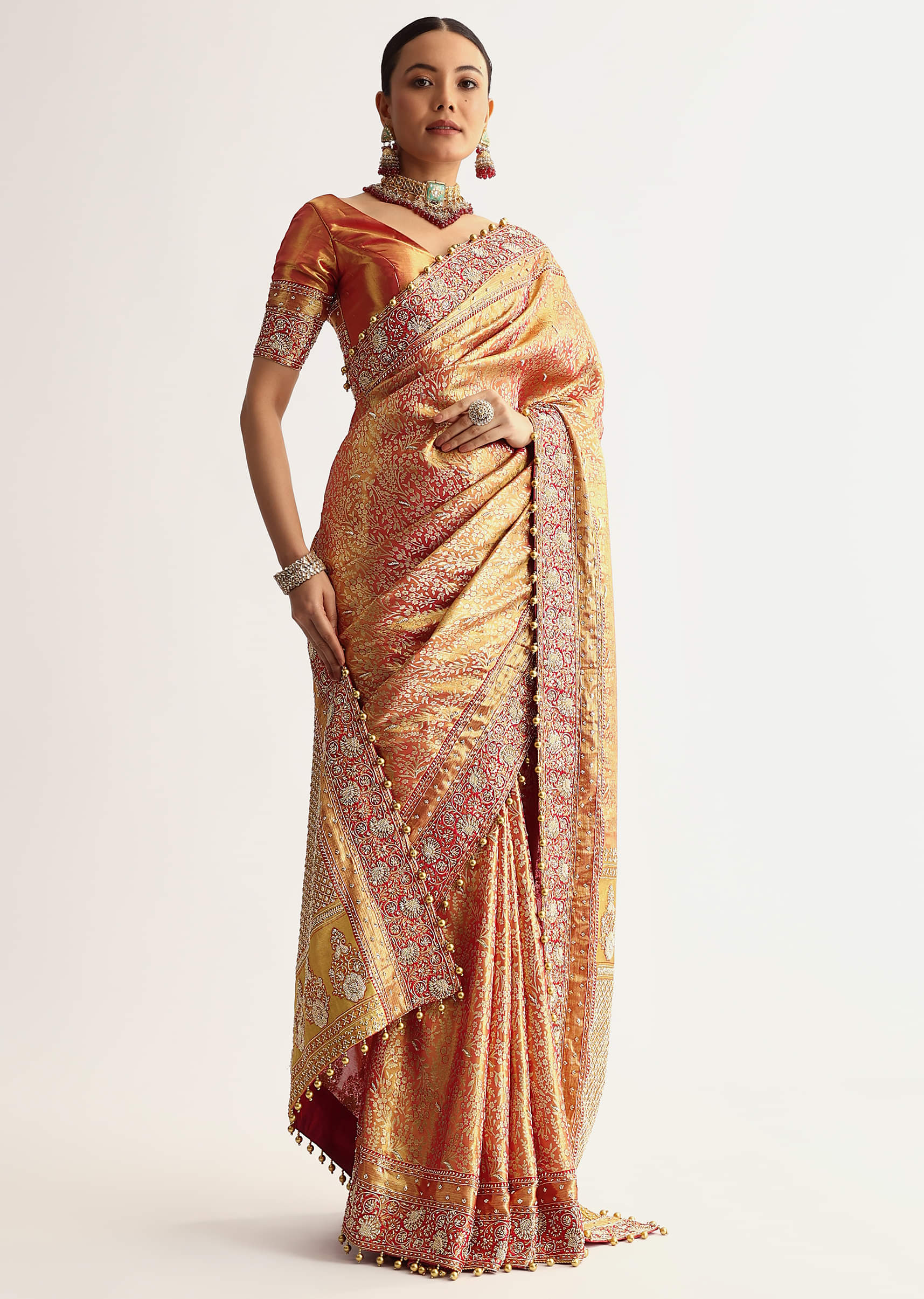 Rust Orange Tissue Saree With Heavily Embroidered Border And Pallu - Image 5
