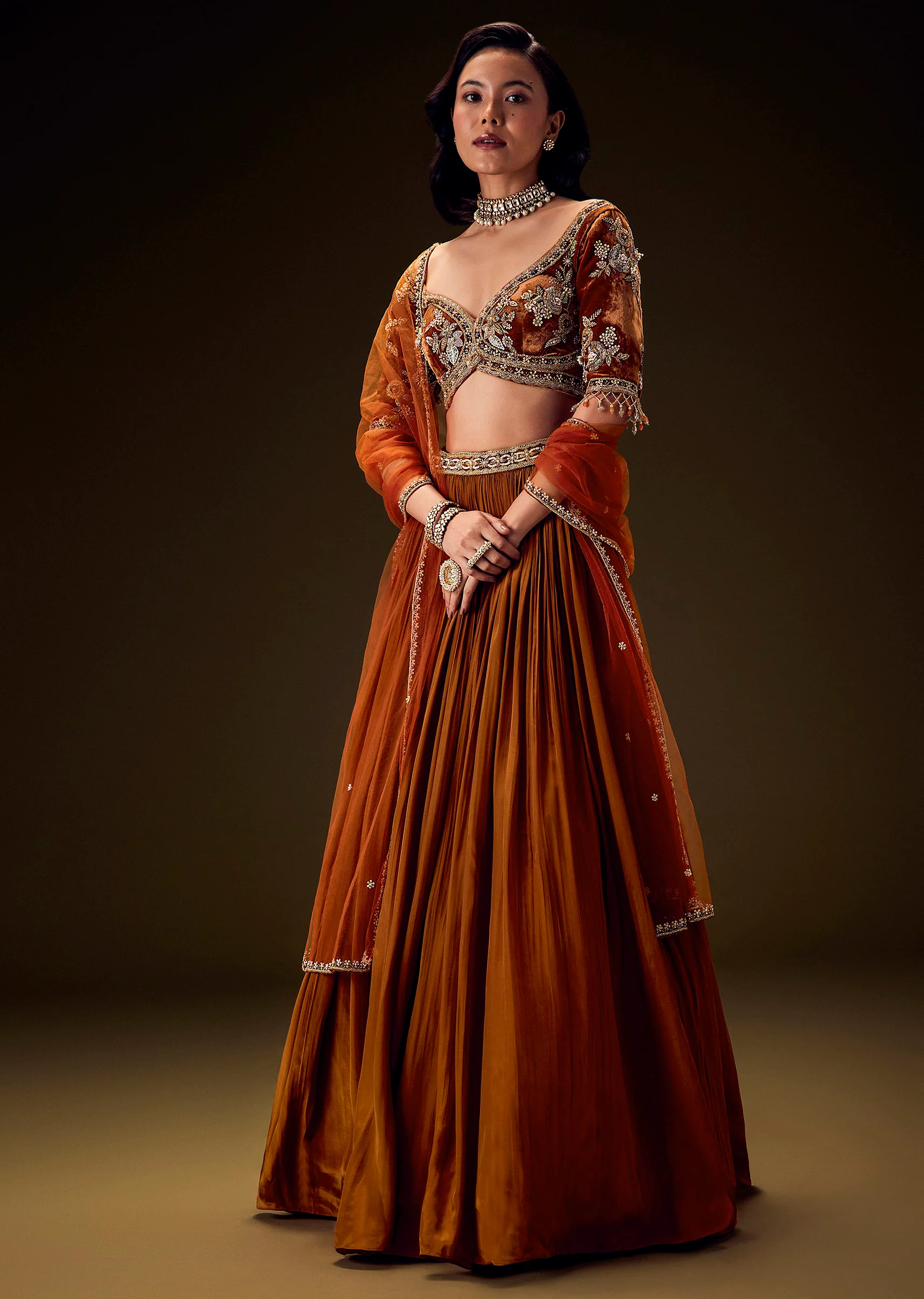 Rust Orange Velvet Lehenga With Embellished Cross Body Blouse and Dupatta