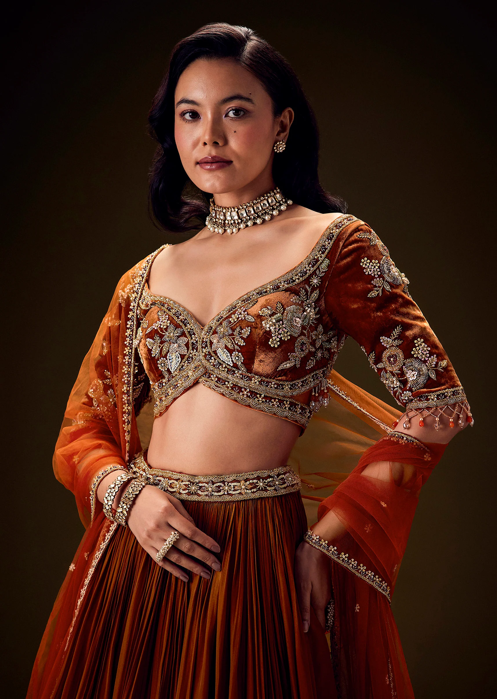 Rust Orange Velvet Lehenga With Embellished Cross Body Blouse and Dupatta - Image 2