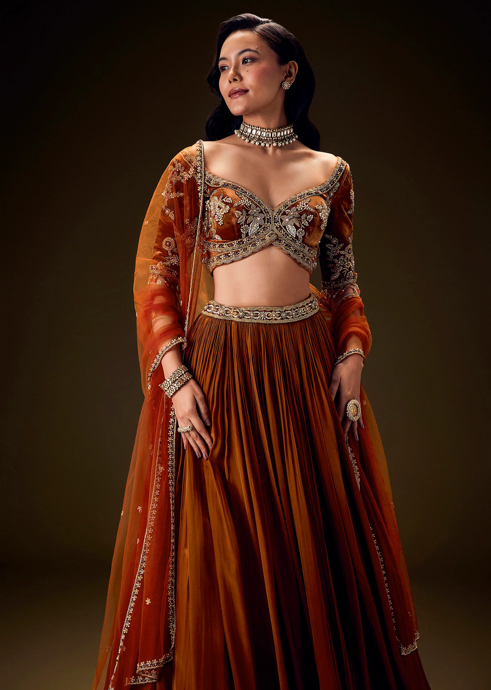 Rust Orange Velvet Lehenga With Embellished Cross Body Blouse and Dupatta - Image 5