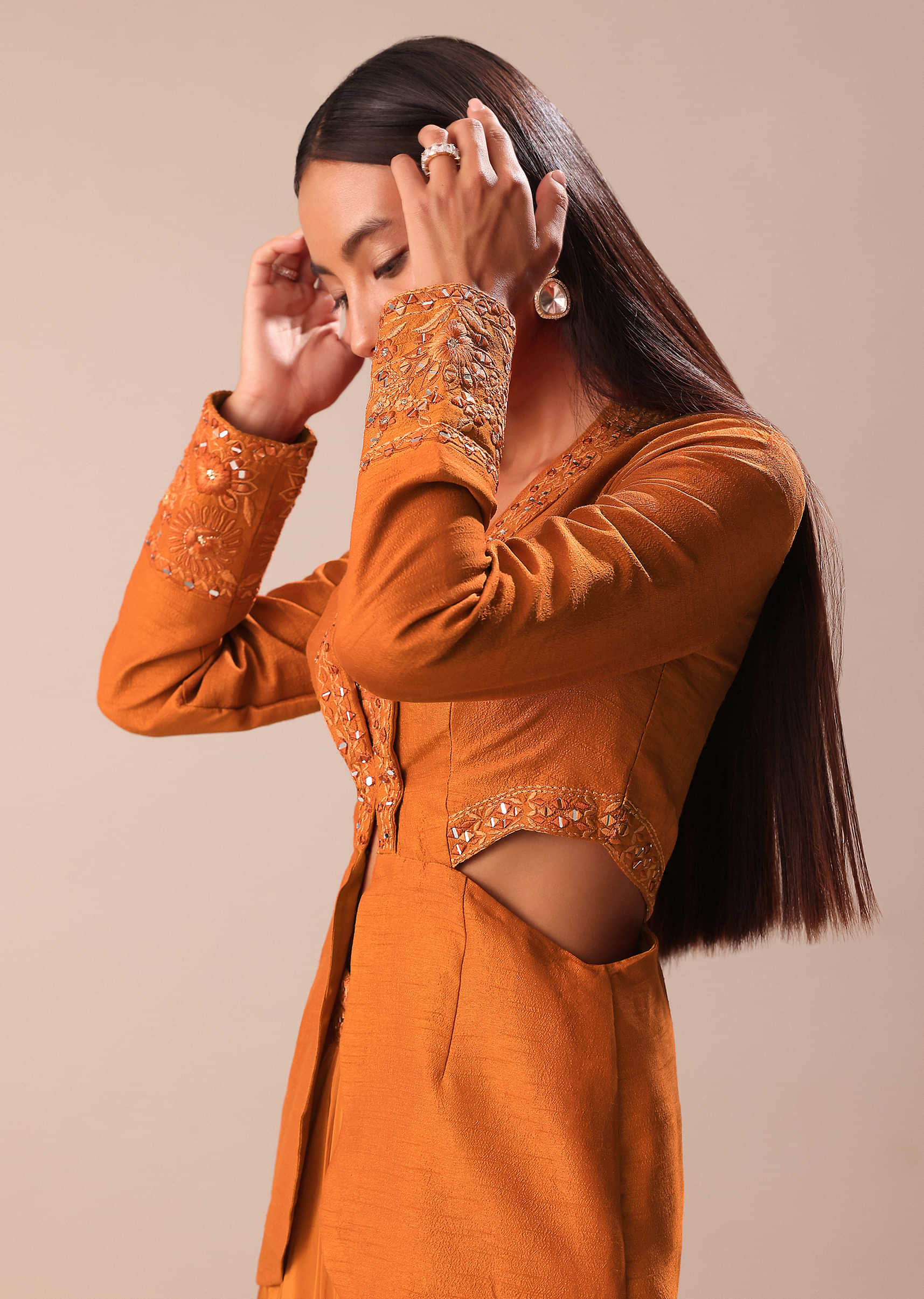 Rust Organza Jacket With Bustier And Draped Skirt - Image 4