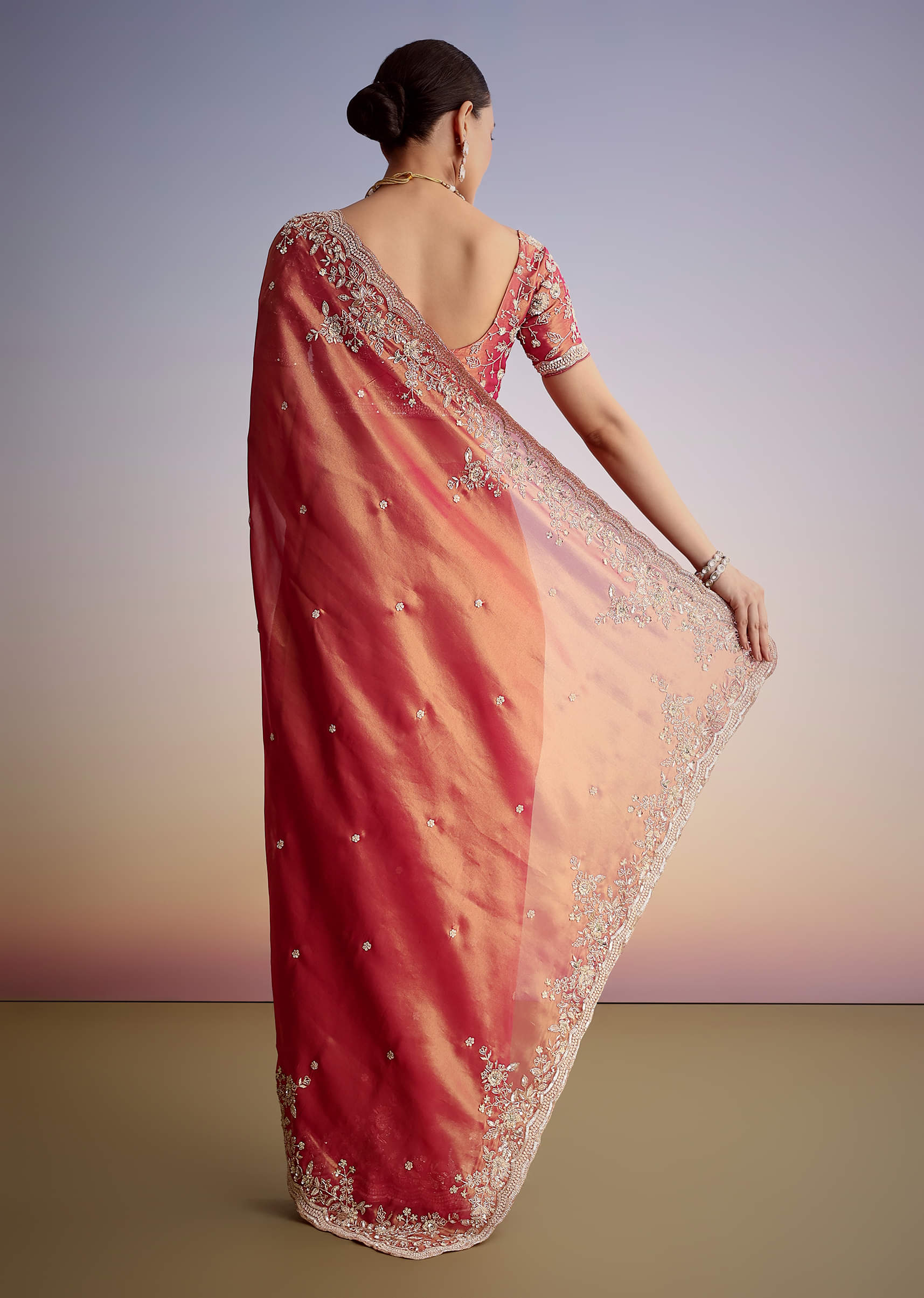 Rust Pink Tissue Saree With Zardosi Cutdana Embroidery - Image 7