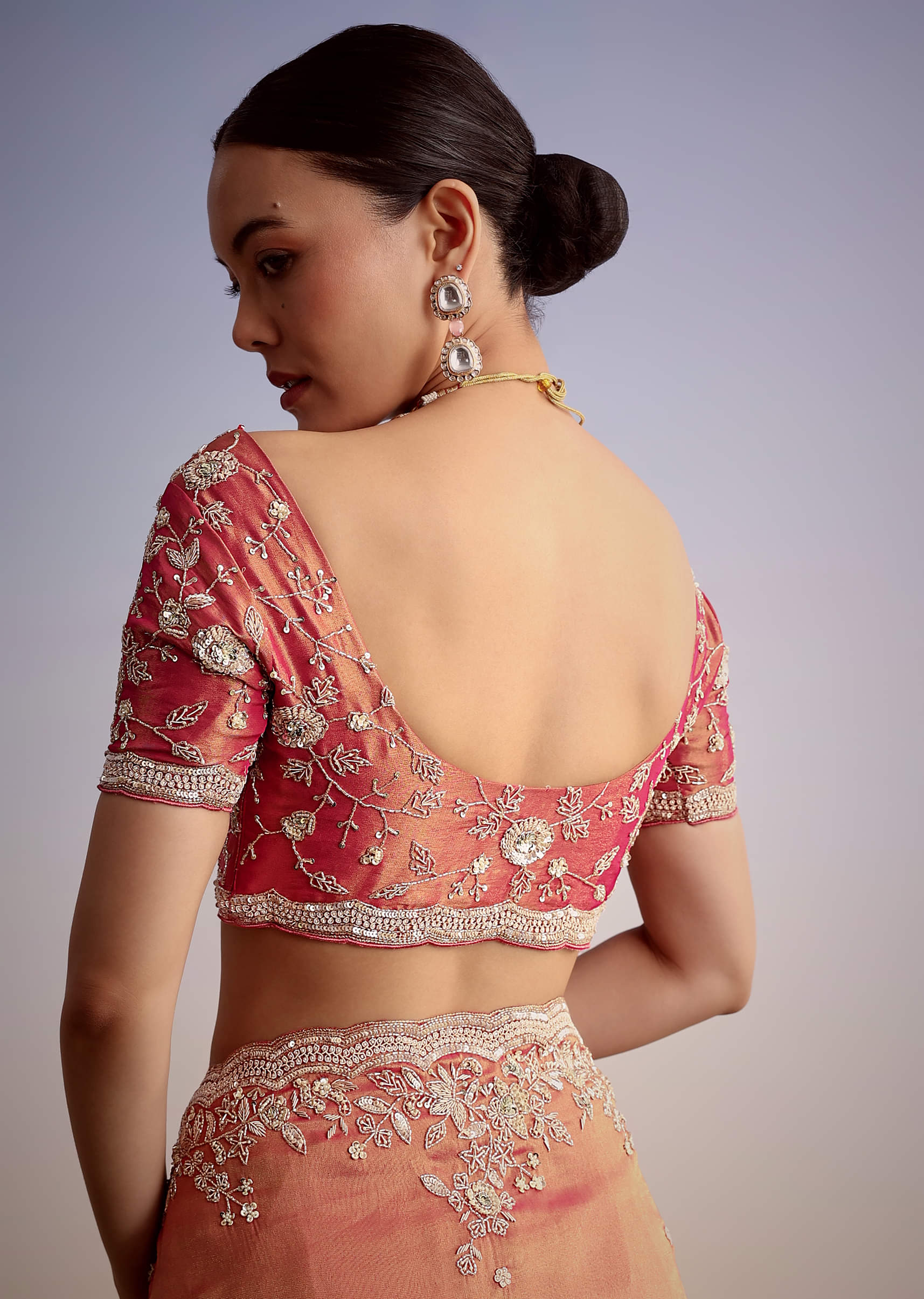 Rust Pink Tissue Saree With Zardosi Cutdana Embroidery - Image 9
