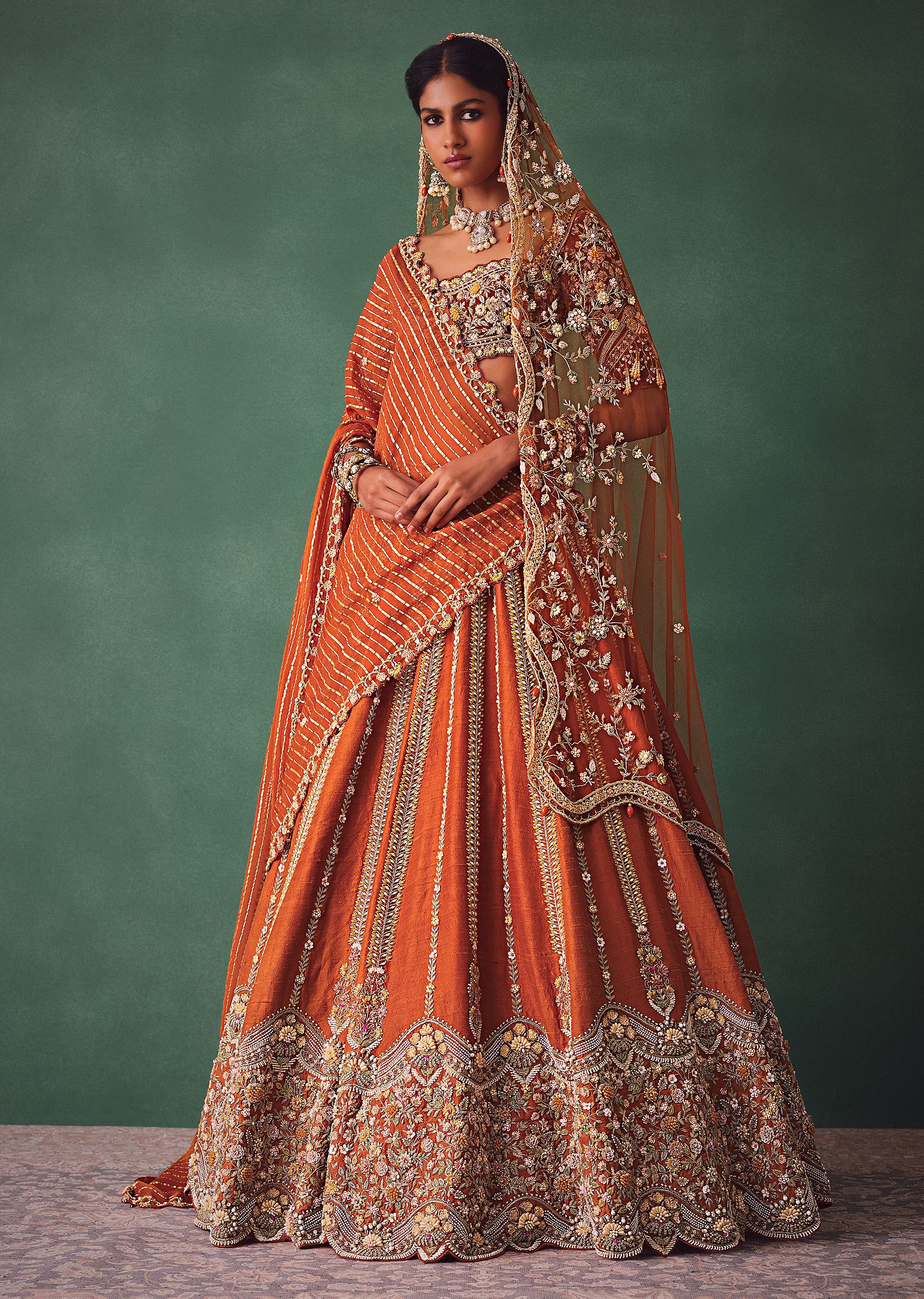 Rust Raw Silk Bridal Lehenga With Buti Work Dupatta - Image 3