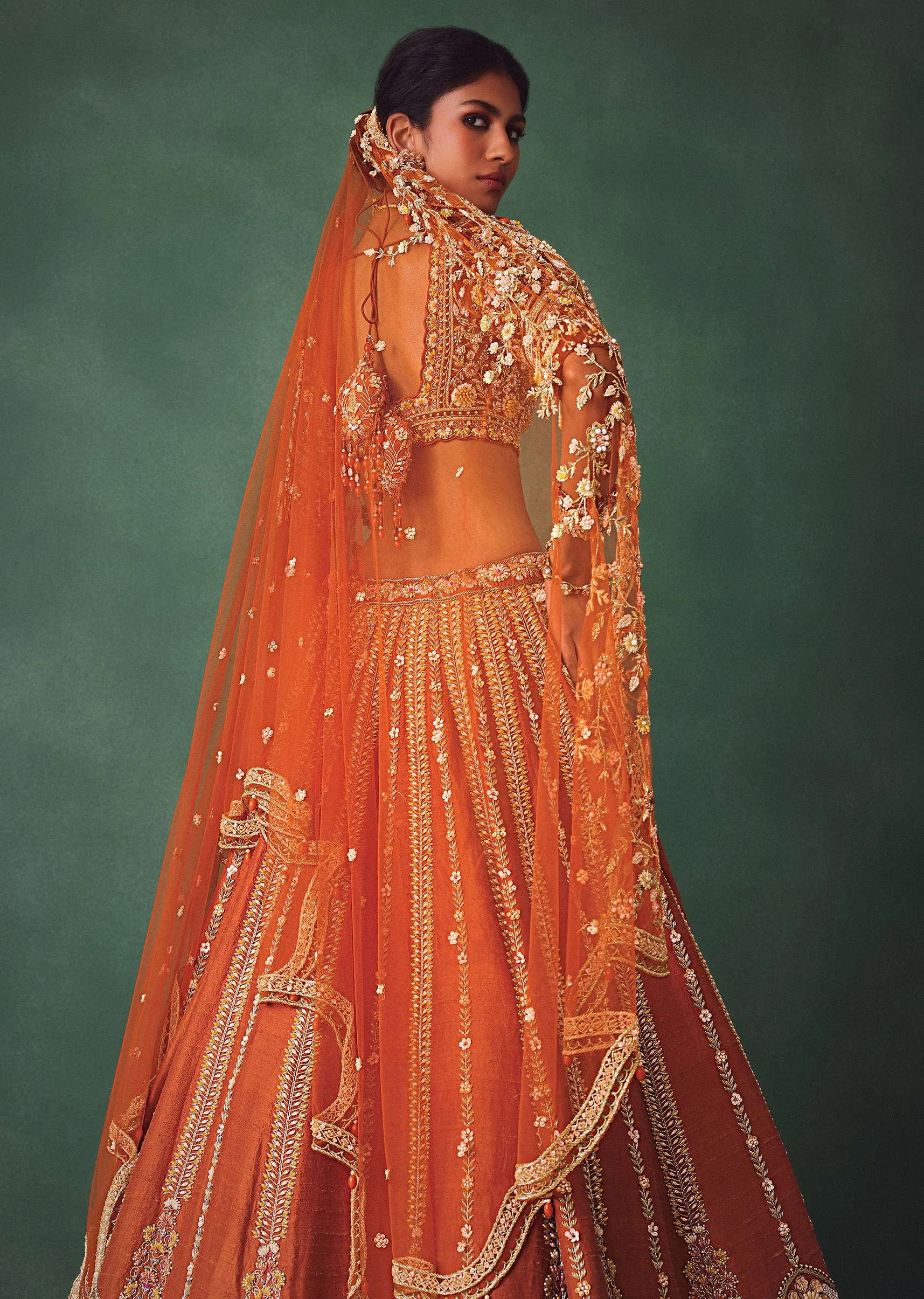 Rust Raw Silk Bridal Lehenga With Buti Work Dupatta - Image 4
