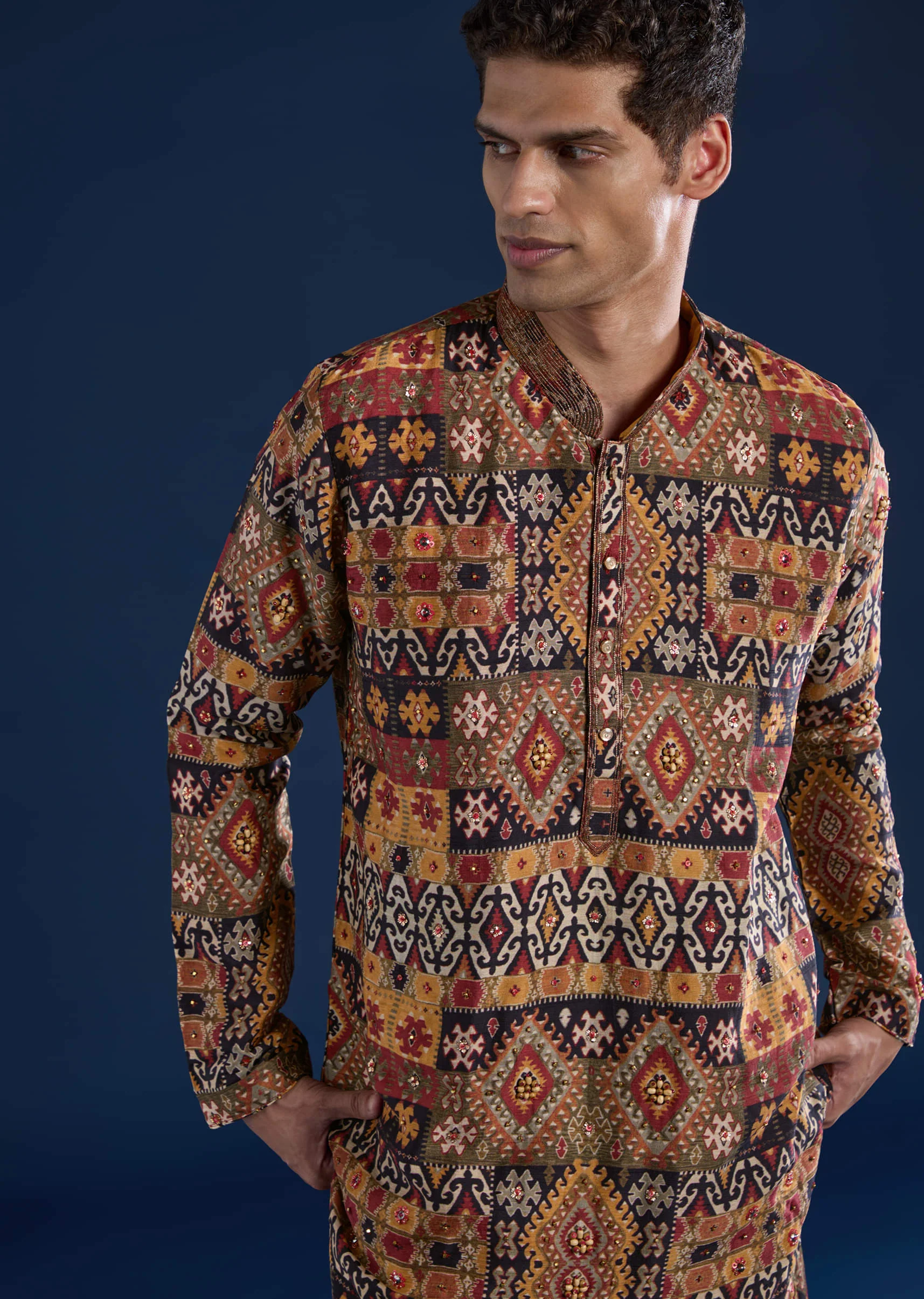 Rust Rawsilk Printed Mens Kurta and Pant Set - Image 2