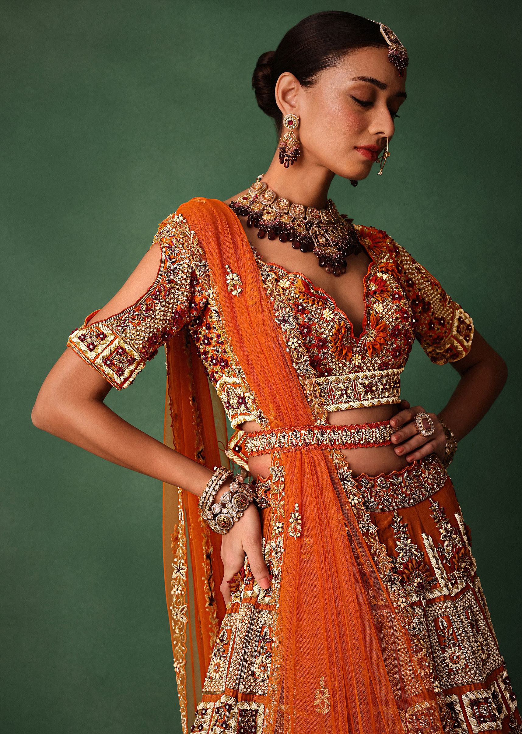 Rust Red Hand Work Bridal Lehenga With Deep Neckline Blouse And Dupatta - Image 2