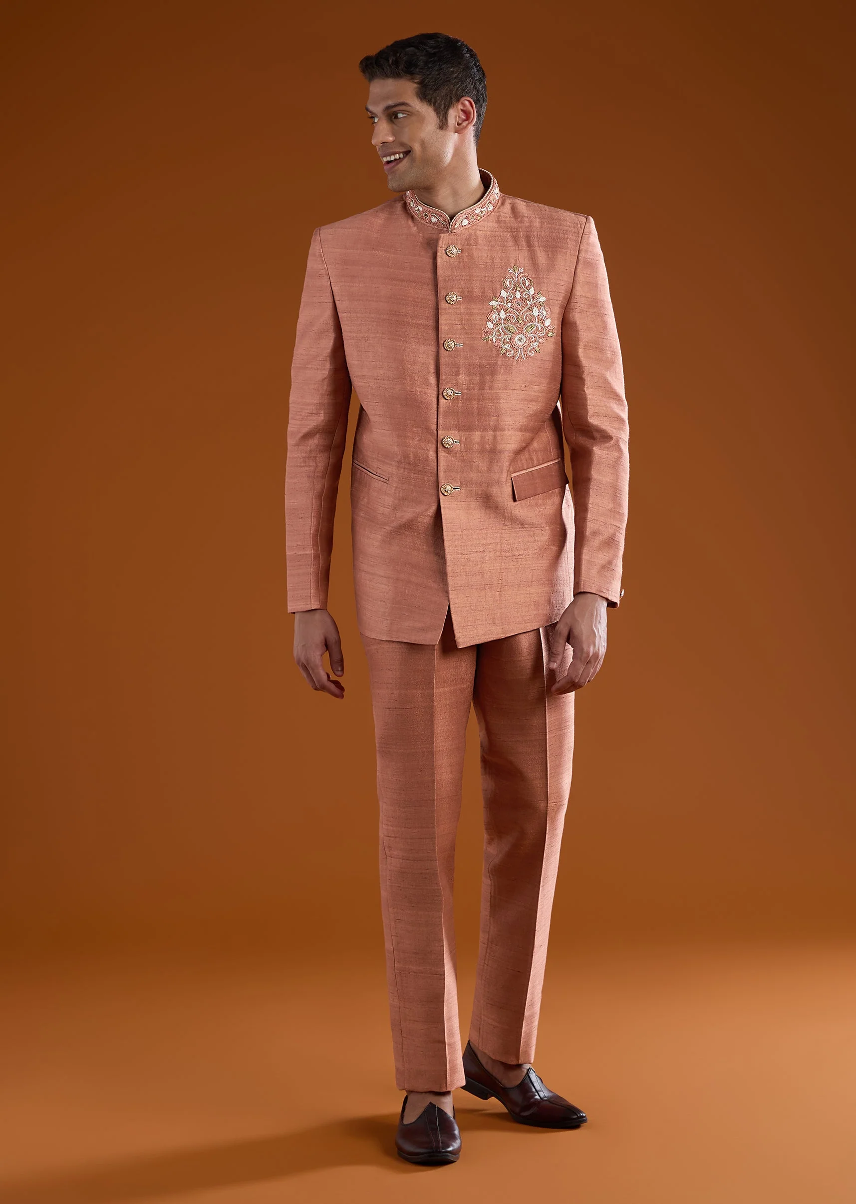 Rust Silk Jodhpuri Pant Set with Resham Work - Image 2