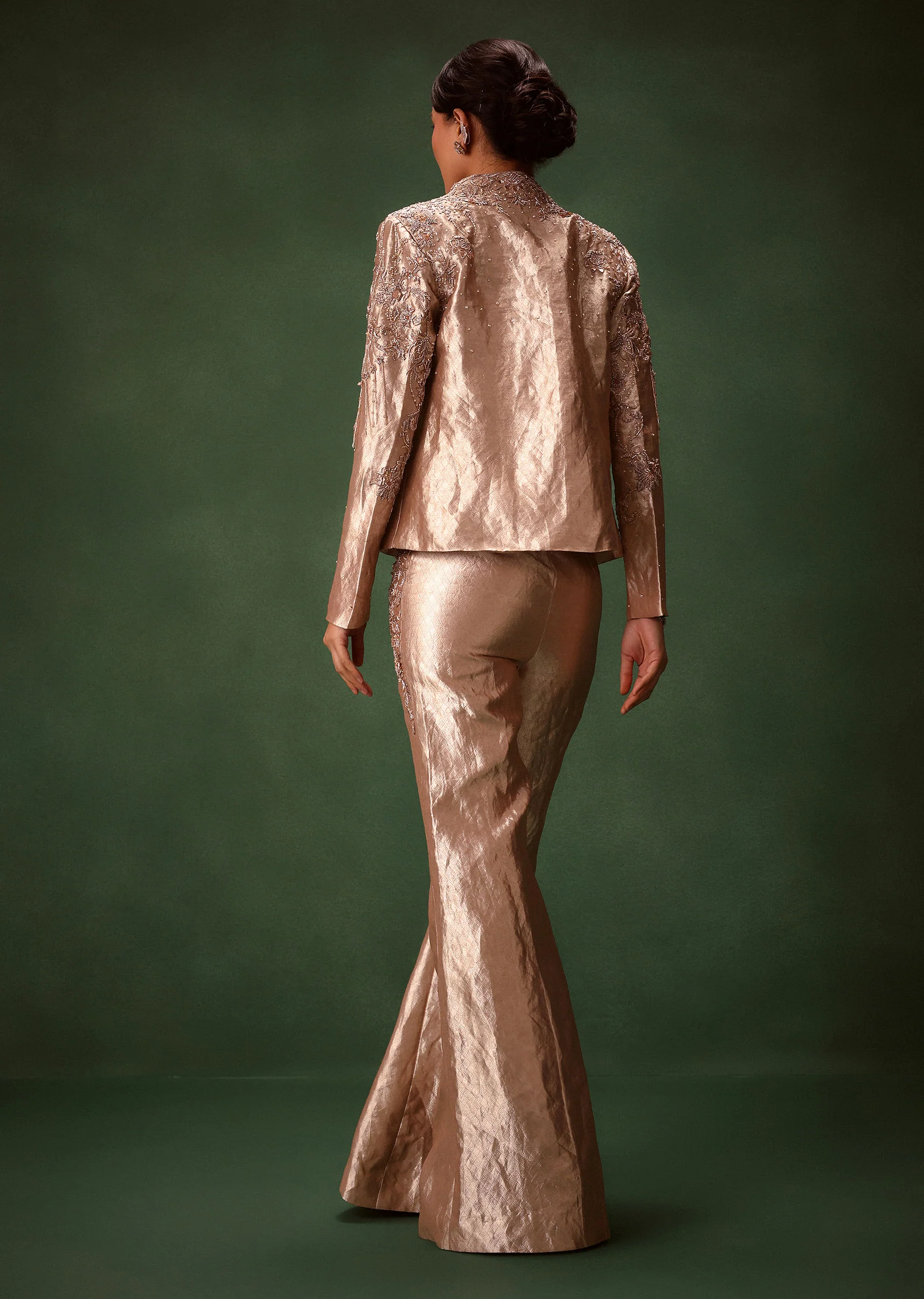 Rust Stretch Net Bell Bottom Set With Embroidered Blazer And Polo Neck Top - Image 6