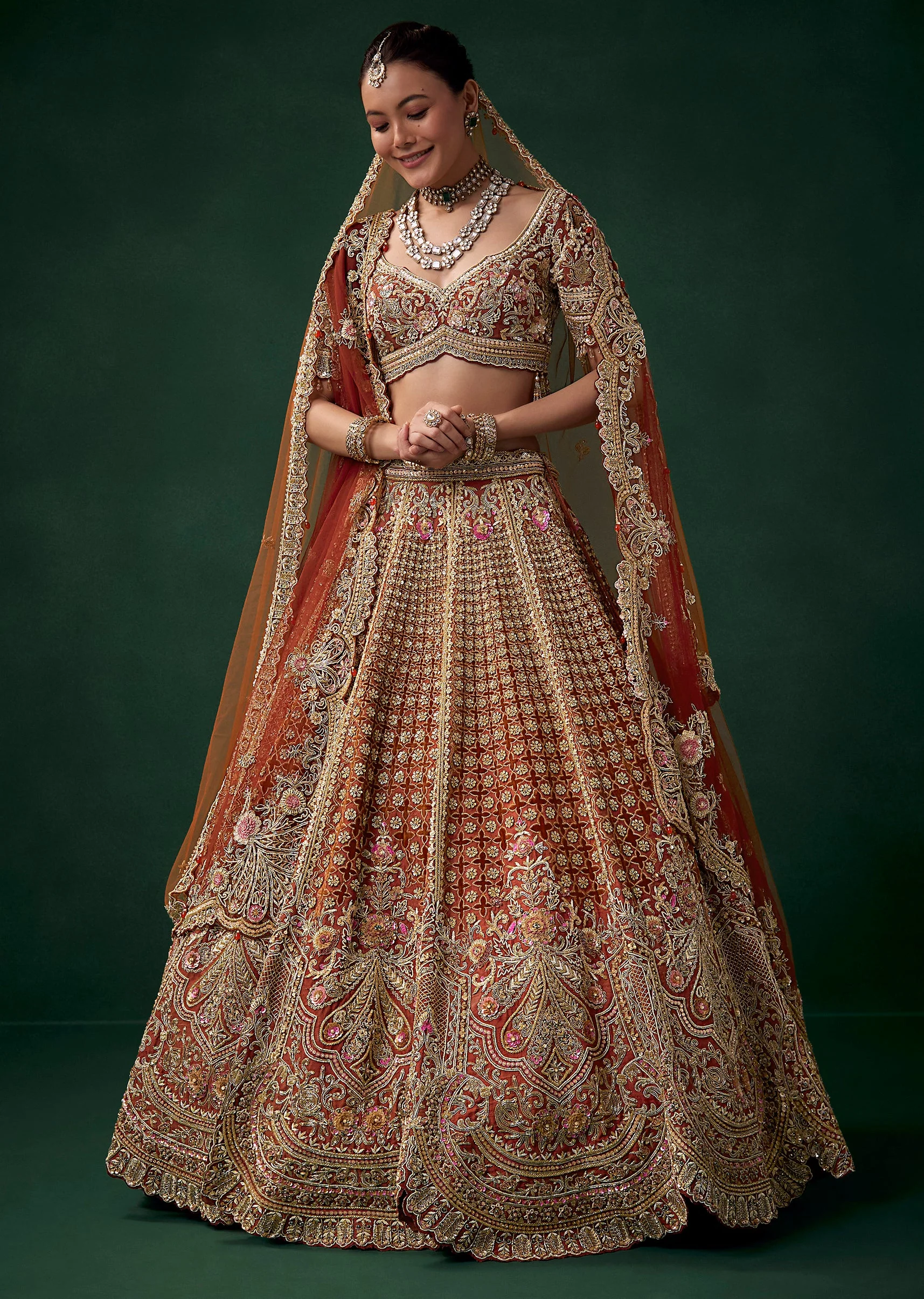Rust Velvet Patchwork Bridal Lehenga Set with Two Dupattas - Image 4