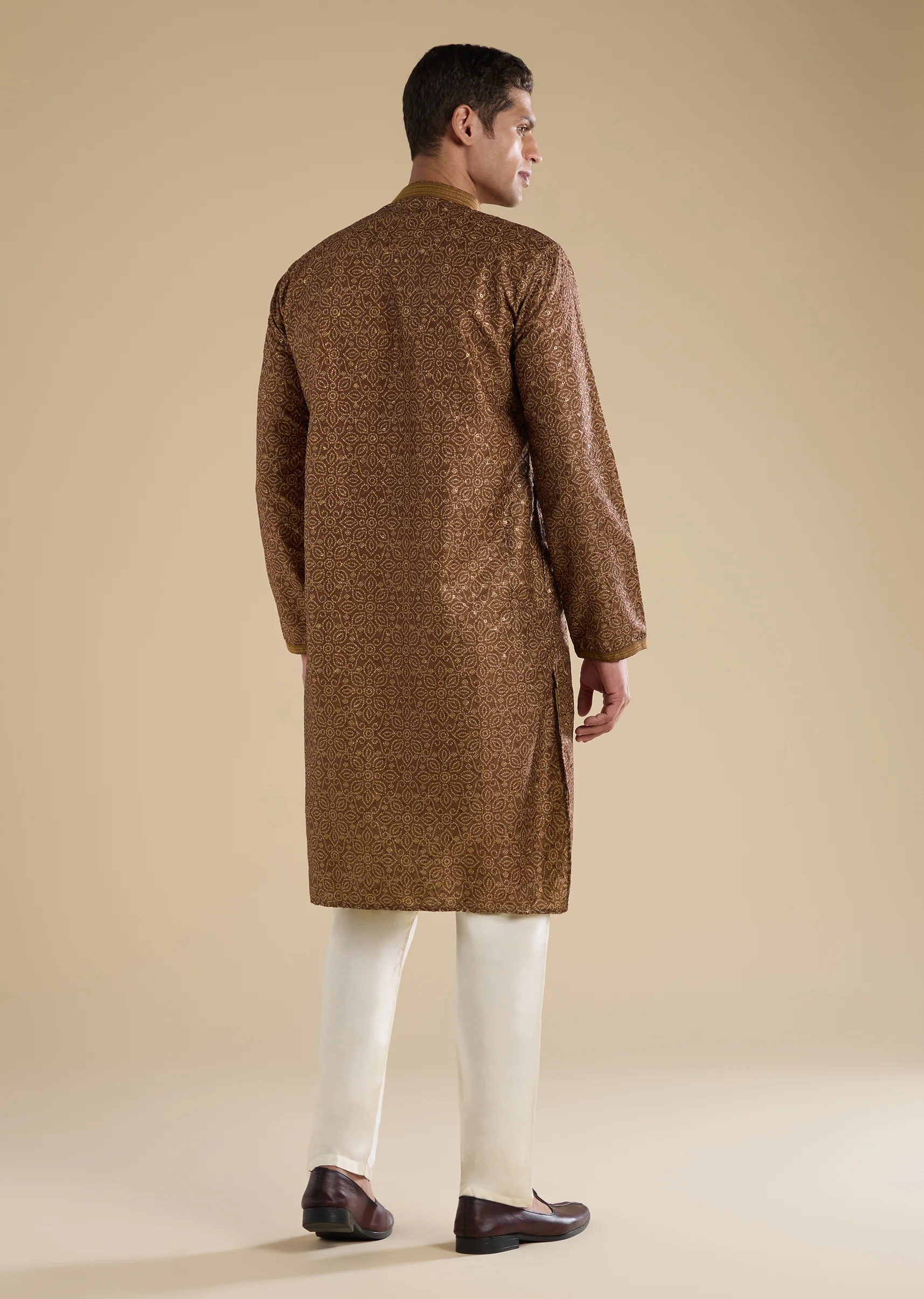 Rustic Brown Festive Pair – Jacquard Kurta Sharara Set For Her And Brown Casual Kurta Set For Him - Image 10