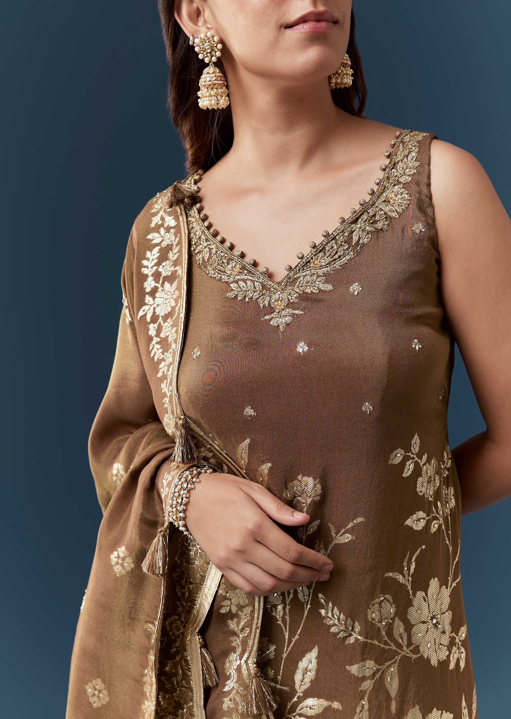 Rustic Brown Festive Pair – Jacquard Kurta Sharara Set For Her And Brown Casual Kurta Set For Him - Image 2
