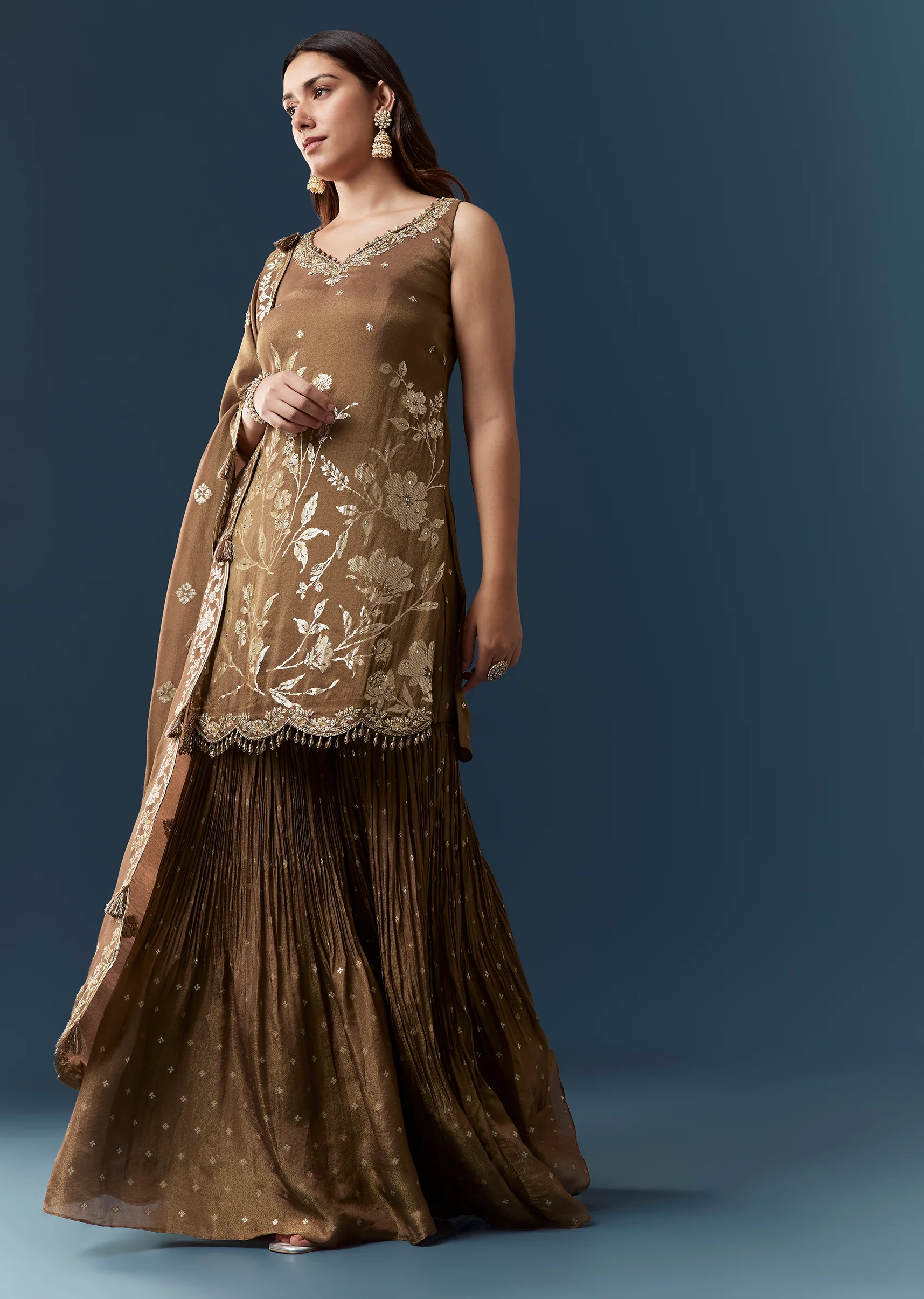 Rustic Brown Festive Pair – Jacquard Kurta Sharara Set For Her And Brown Casual Kurta Set For Him - Image 3
