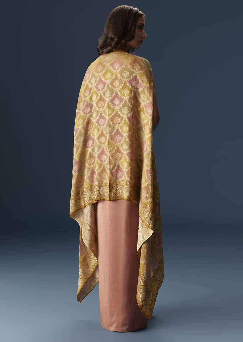 Rusty Pink Embroidered Blouse And Draped Skirt Set With Embellished Cape - Image 2