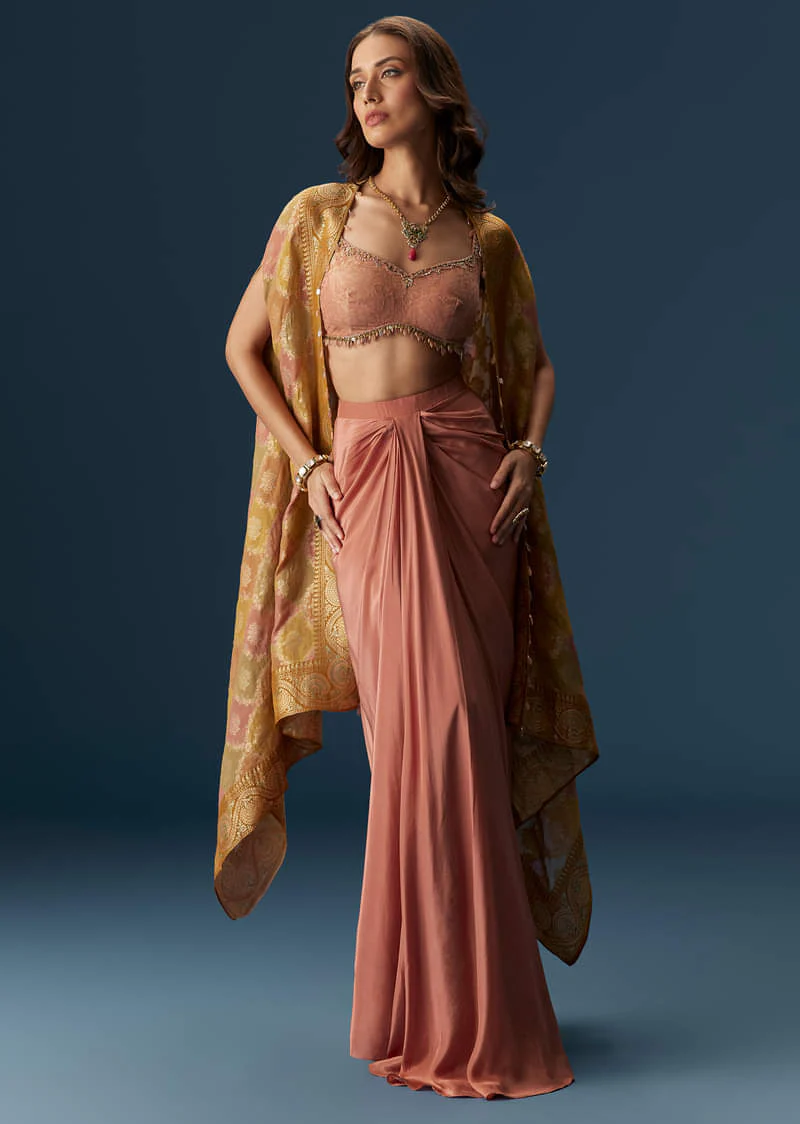 Rusty Pink Embroidered Blouse And Draped Skirt Set With Embellished Cape - Image 4