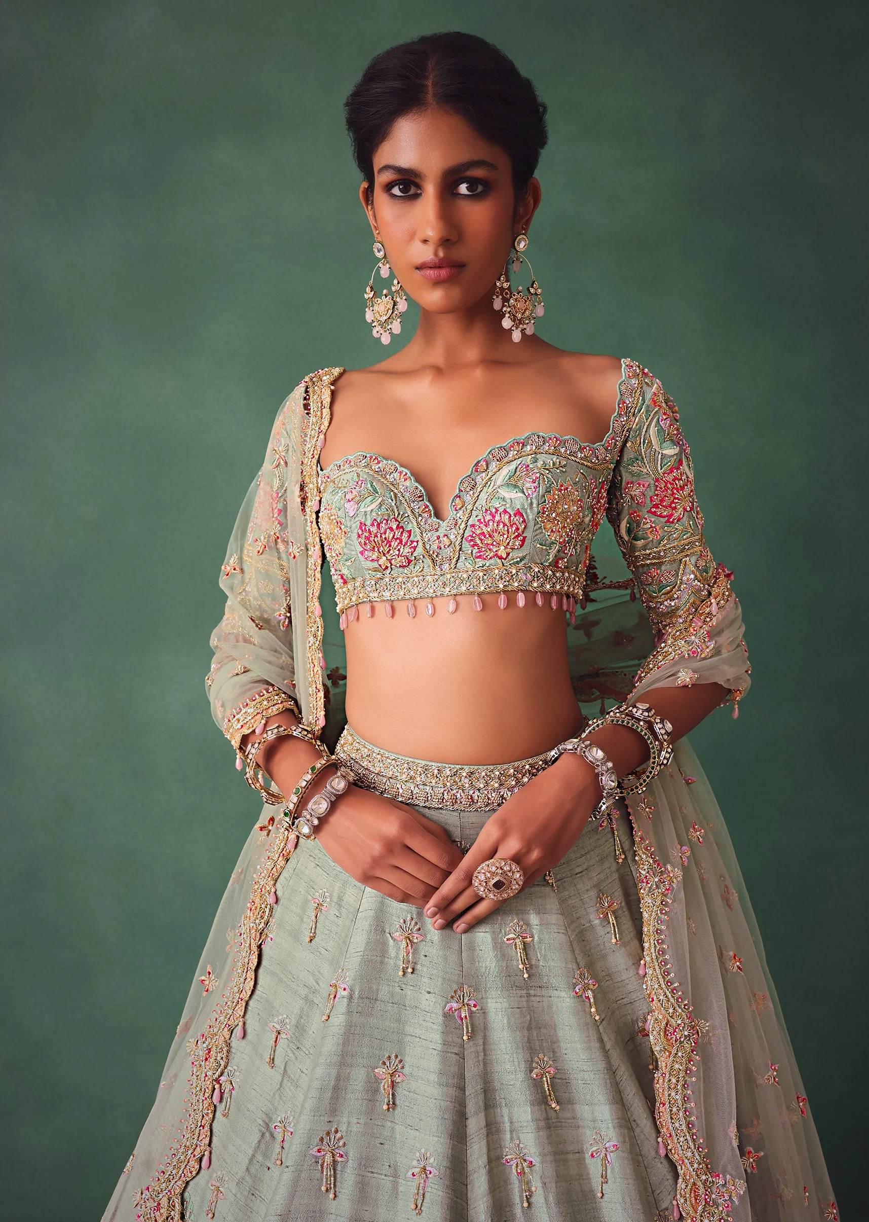 Sage Green Kali Lehenga With Embroidered Blouse And Dupatta - Image 2