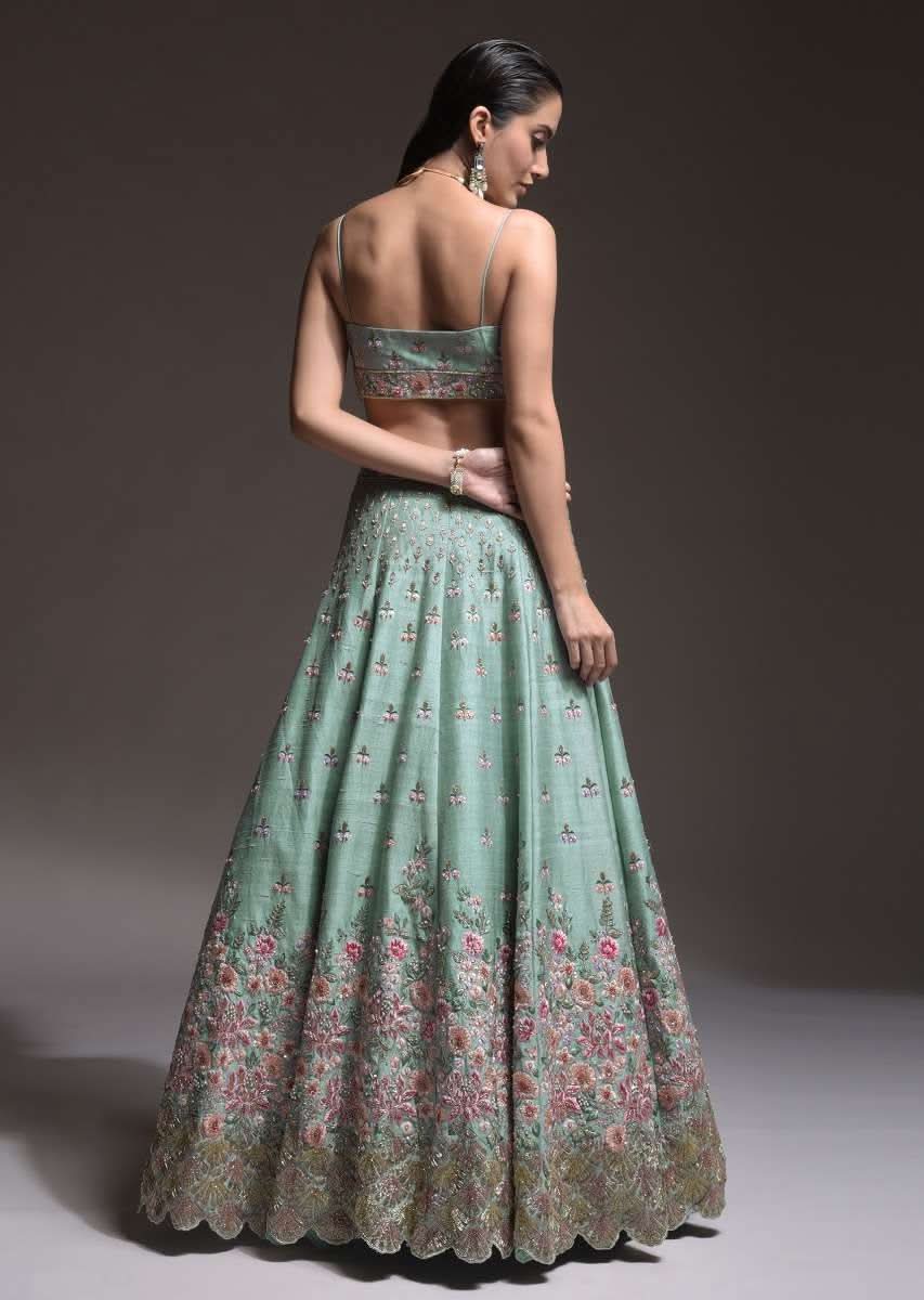 Sage Green Lehenga Choli In Raw Silk With Vibrant Resham Embroidered Cluster Of Summer Blooms And Buttis - Image 10