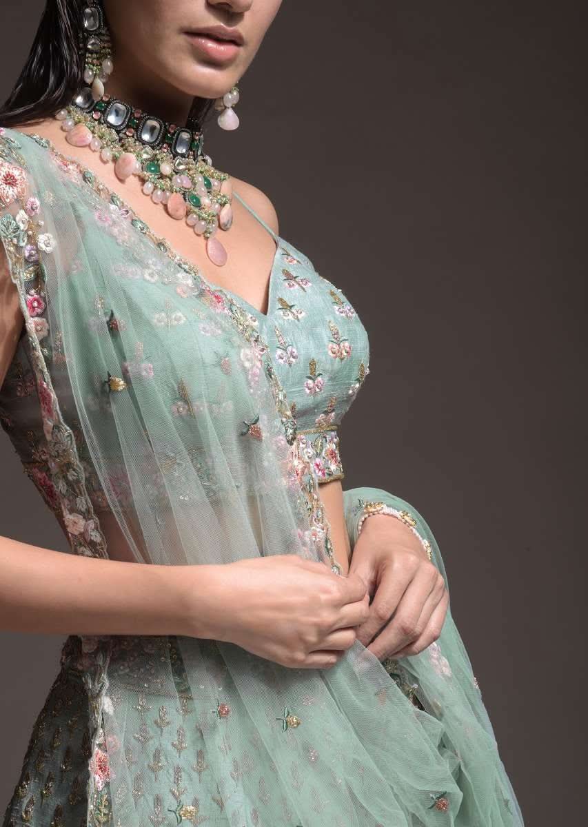 Sage Green Lehenga Choli In Raw Silk With Vibrant Resham Embroidered Cluster Of Summer Blooms And Buttis - Image 15