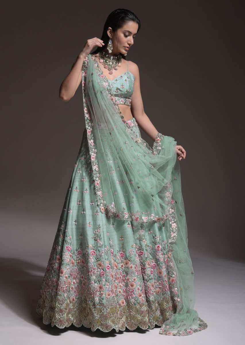 Sage Green Lehenga Choli In Raw Silk With Vibrant Resham Embroidered Cluster Of Summer Blooms And Buttis - Image 4
