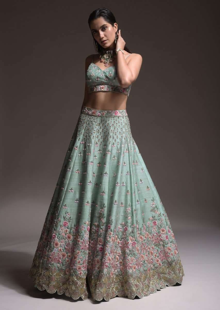 Sage Green Lehenga Choli In Raw Silk With Vibrant Resham Embroidered Cluster Of Summer Blooms And Buttis - Image 5