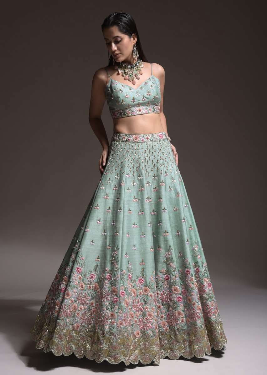 Sage Green Lehenga Choli In Raw Silk With Vibrant Resham Embroidered Cluster Of Summer Blooms And Buttis - Image 6
