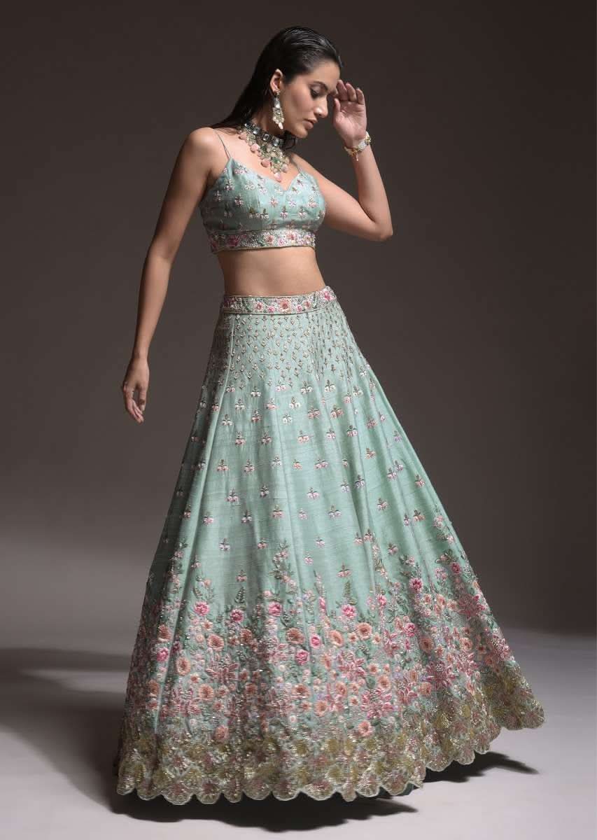 Sage Green Lehenga Choli In Raw Silk With Vibrant Resham Embroidered Cluster Of Summer Blooms And Buttis - Image 7