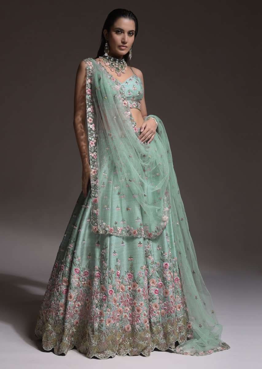 Sage Green Lehenga Choli In Raw Silk With Vibrant Resham Embroidered Cluster Of Summer Blooms And Buttis - Image 8
