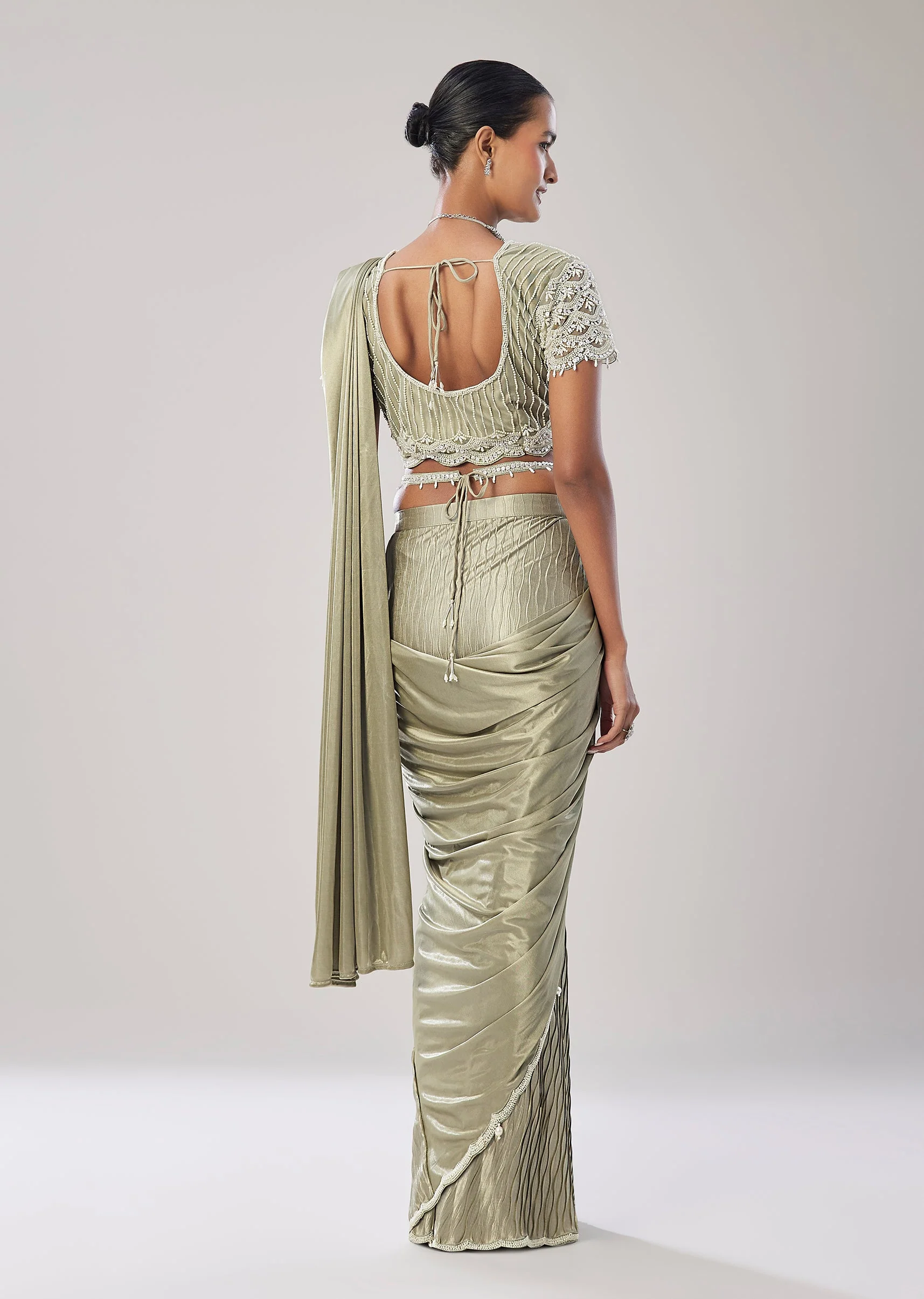 Sage Green Ready Pleated Saree With Belt - Image 5