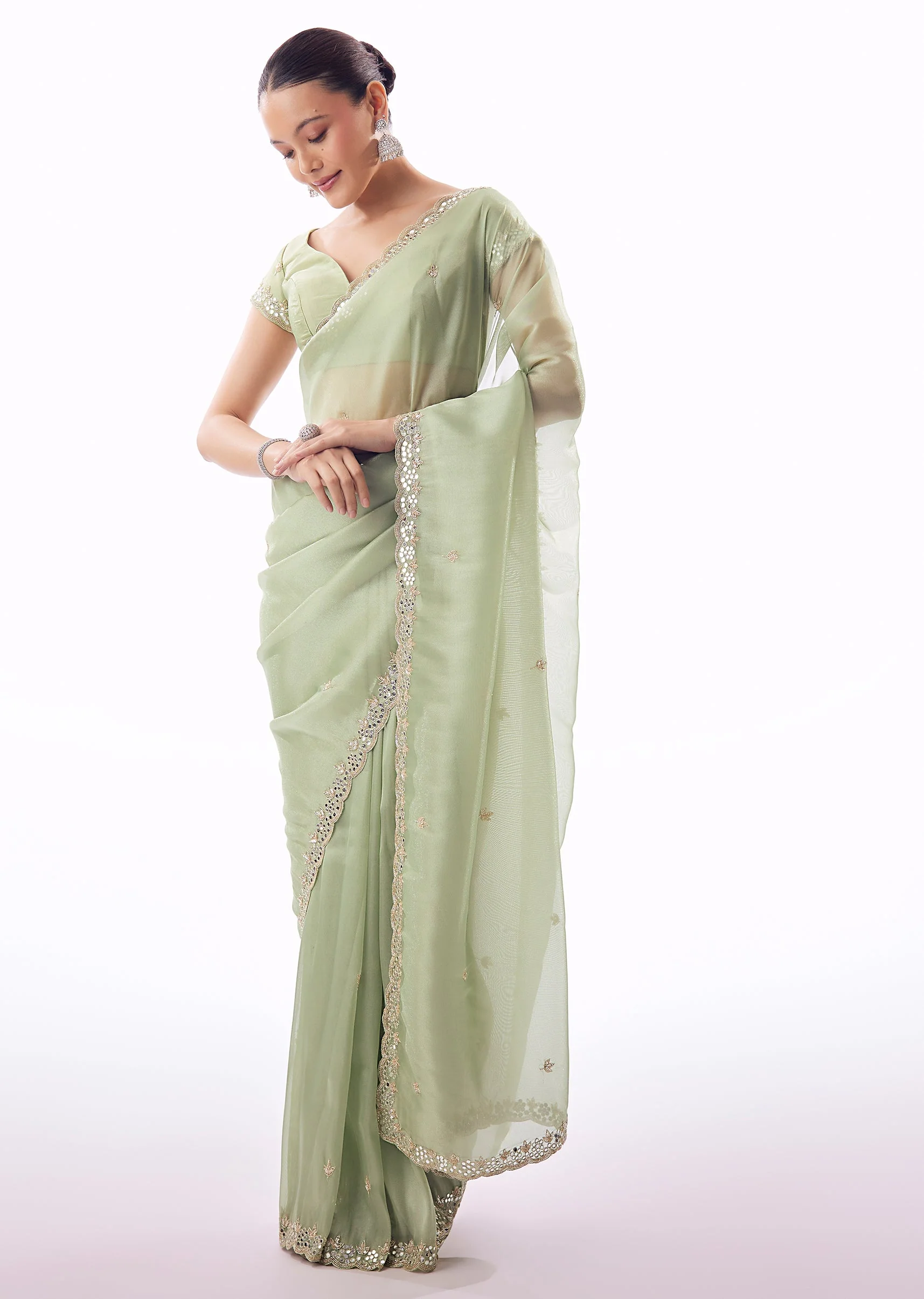 Sage Green Tissue Saree With Scallop Border And Cutdana Sequin Mirror Embroidery - Image 3