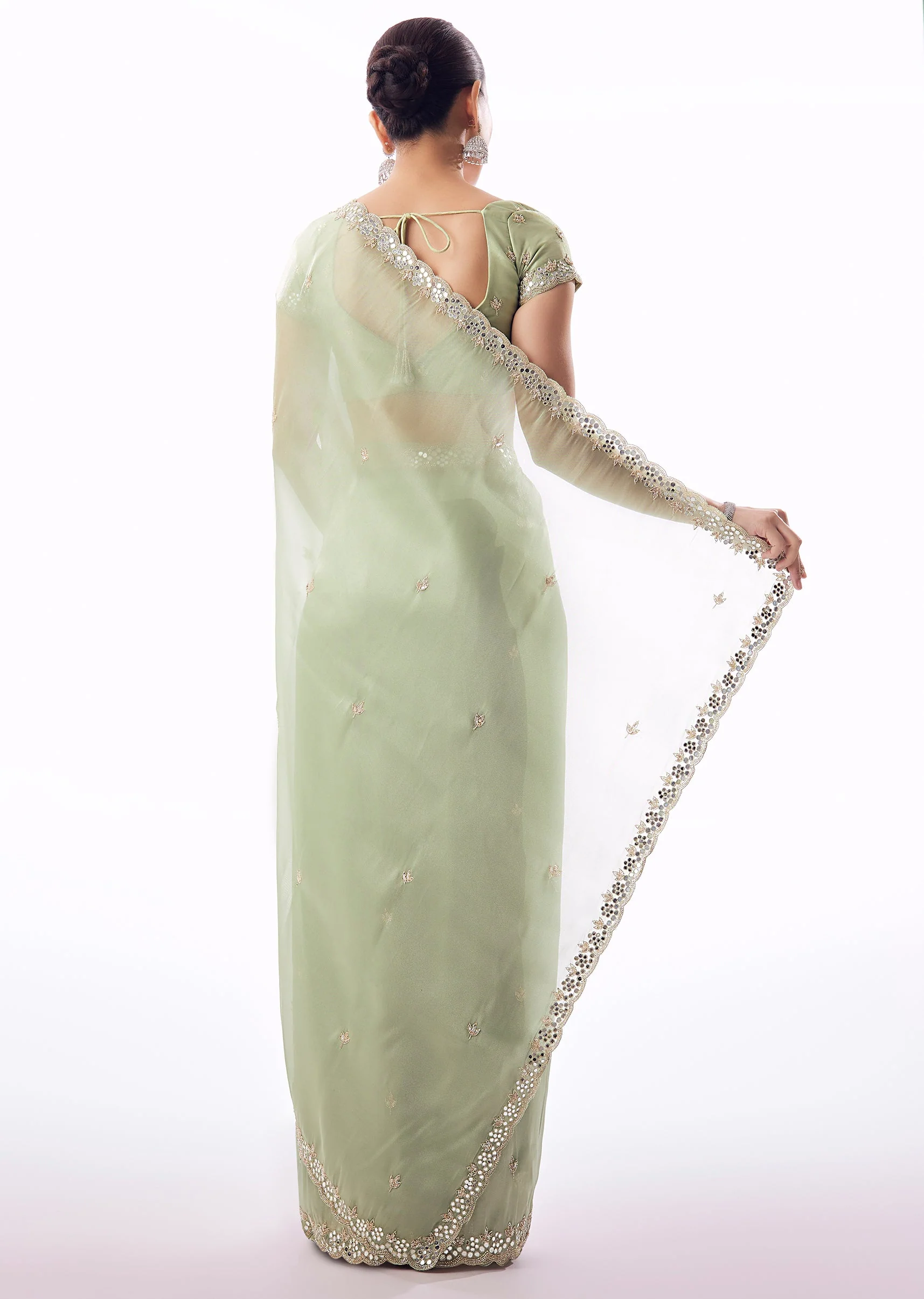 Sage Green Tissue Saree With Scallop Border And Cutdana Sequin Mirror Embroidery - Image 4
