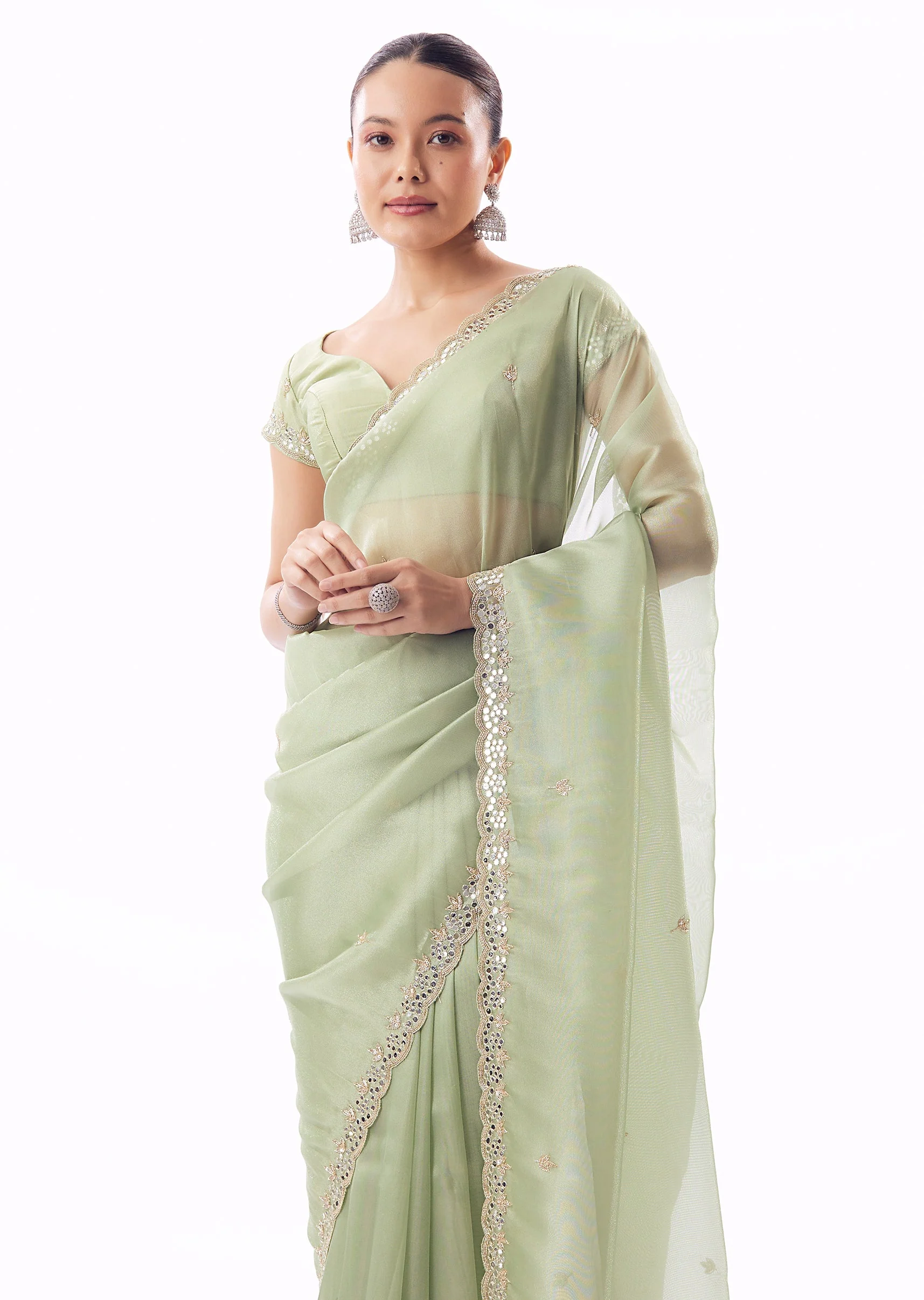 Sage Green Tissue Saree With Scallop Border And Cutdana Sequin Mirror Embroidery - Image 5