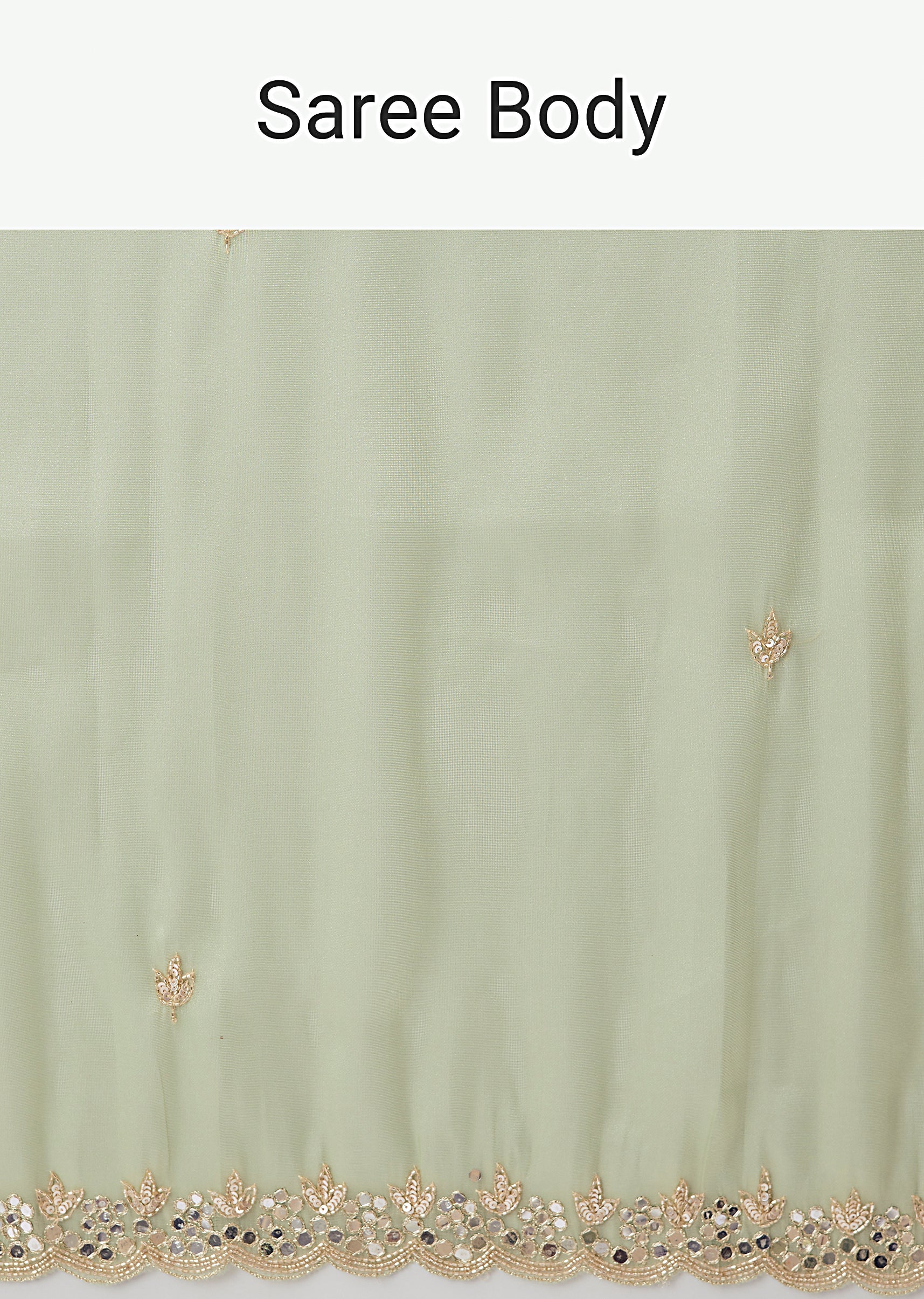 Sage Green Tissue Saree With Scallop Border And Cutdana Sequin Mirror Embroidery - Image 9