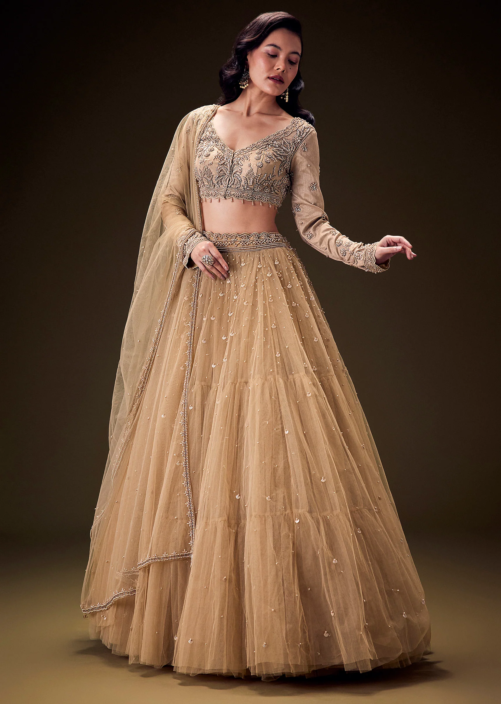 Sand Beige Net Hand Embroidered Pearl Work Lehenga Set - Image 4
