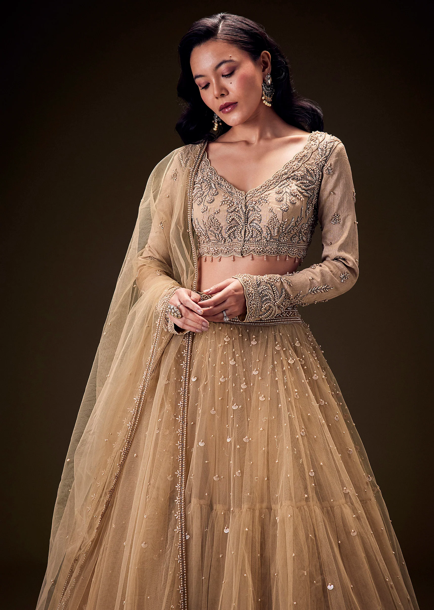 Sand Beige Net Hand Embroidered Pearl Work Lehenga Set - Image 5