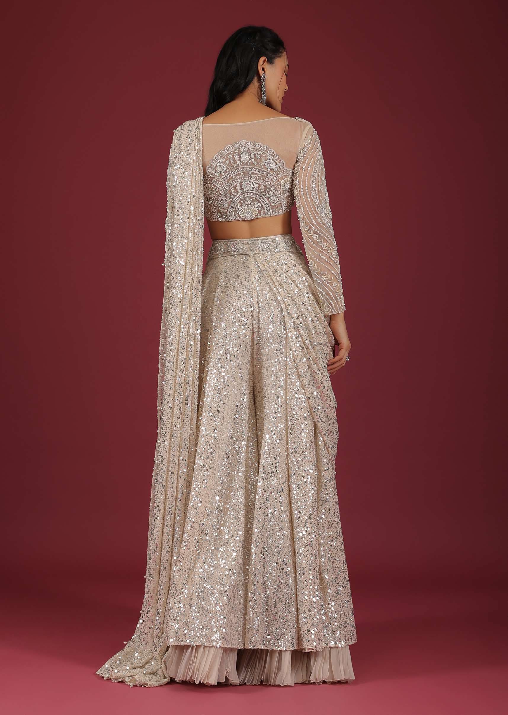 Sandshell Cream Palazzo Saree In Sequins Embroidery - Image 5