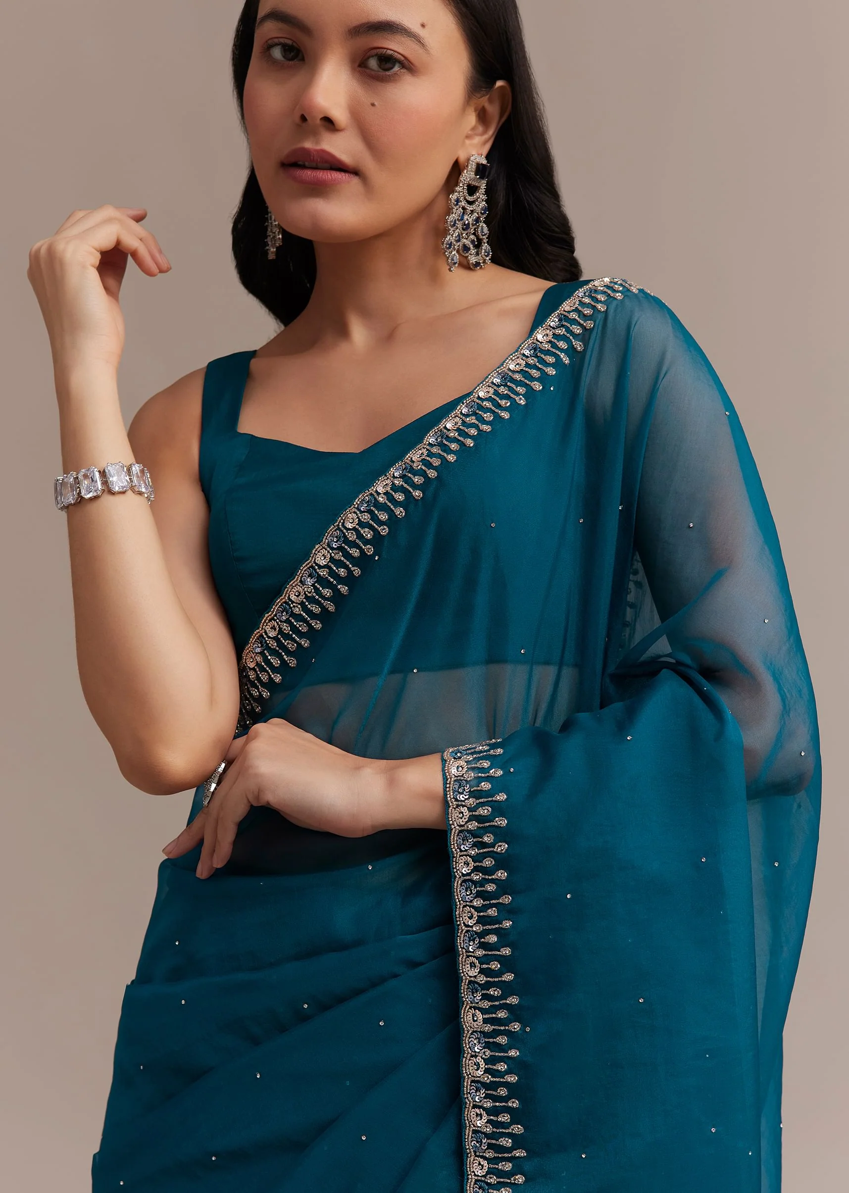 Sapphire Blue Organza Saree With Sequins And Cutdana Embellished Border - Image 5
