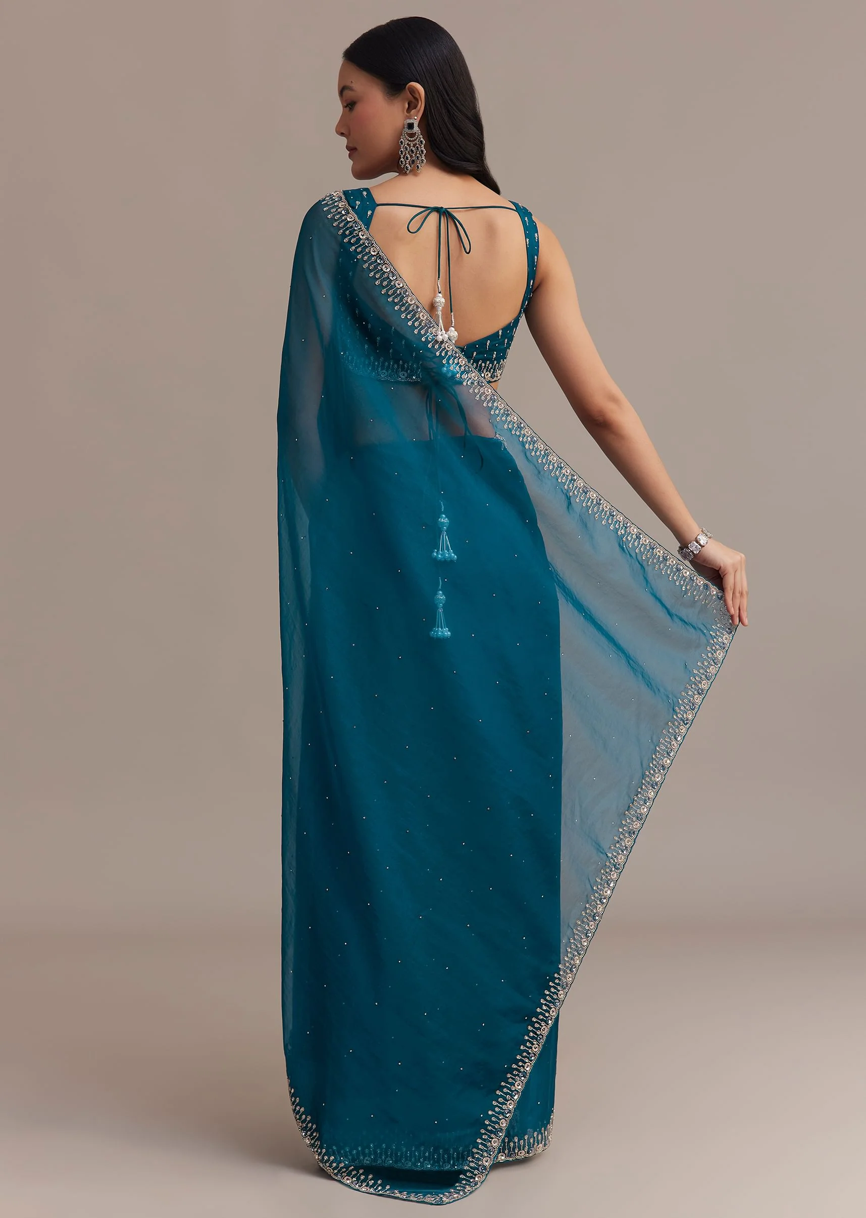 Sapphire Blue Organza Saree With Sequins And Cutdana Embellished Border - Image 6