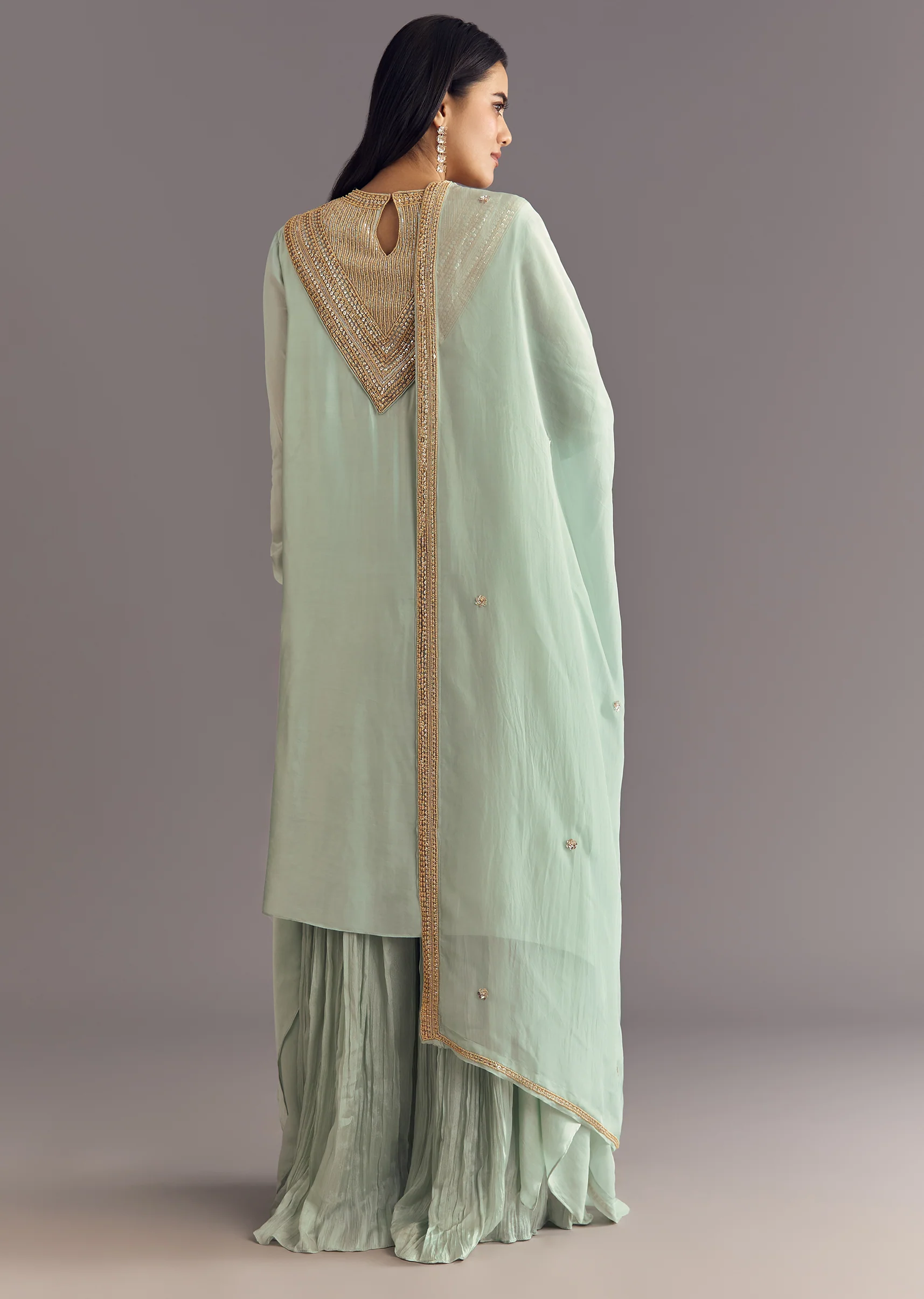 Satin Asymmetrical Kurta Set With Moti And Sequins Dupatta - Image 6