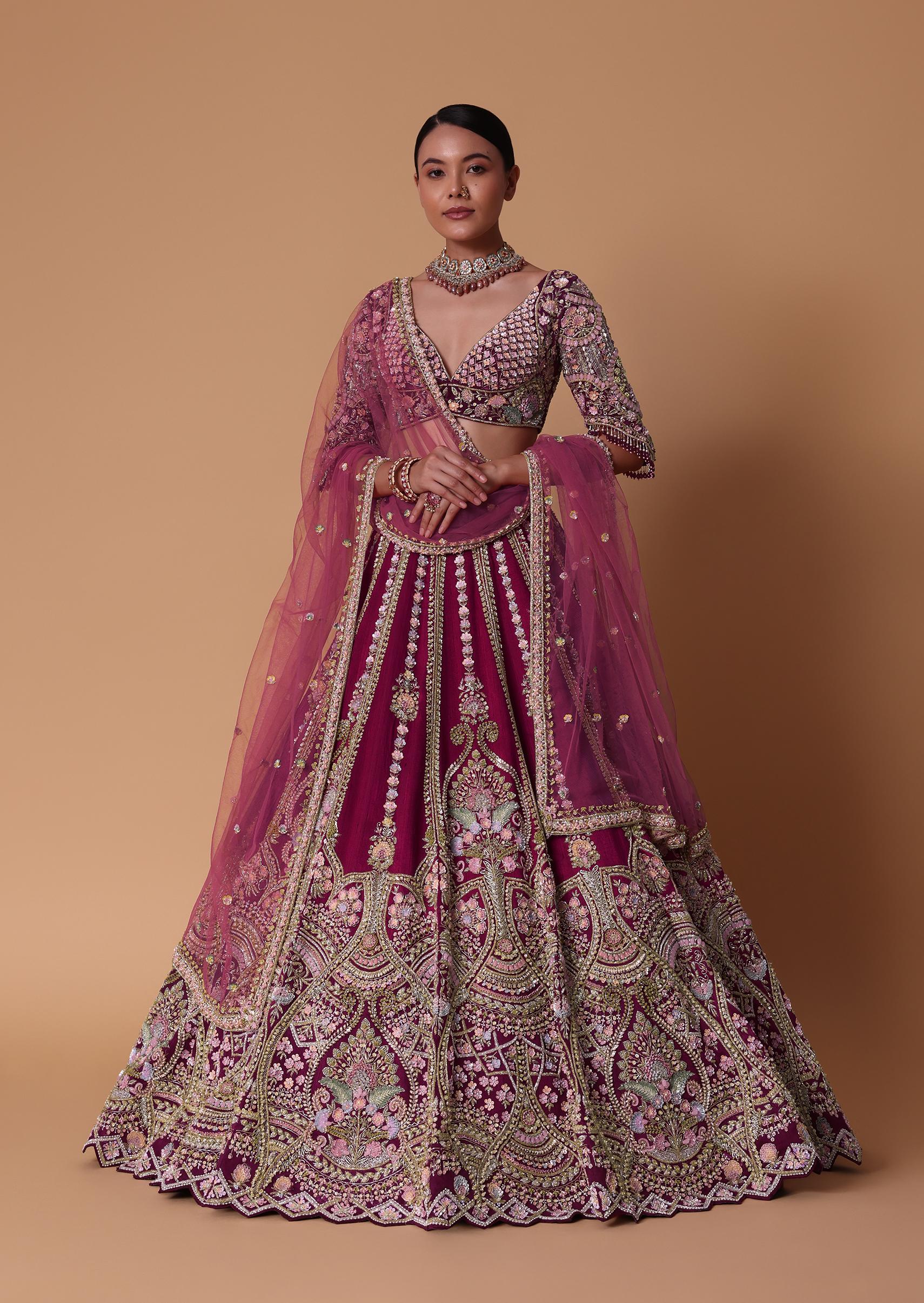 Scarlet Red Raw Silk 16 Kali Zardosi Lehenga With Koti Style Blouse Set - Image 3