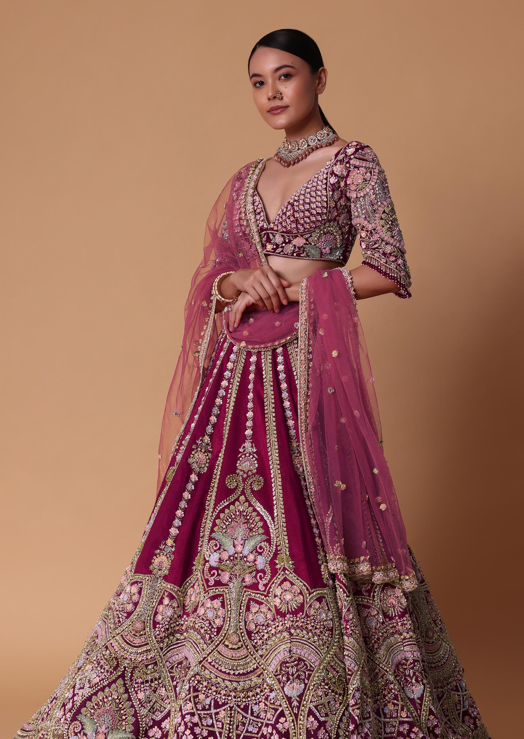 Scarlet Red Raw Silk 16 Kali Zardosi Lehenga With Koti Style Blouse Set - Image 4