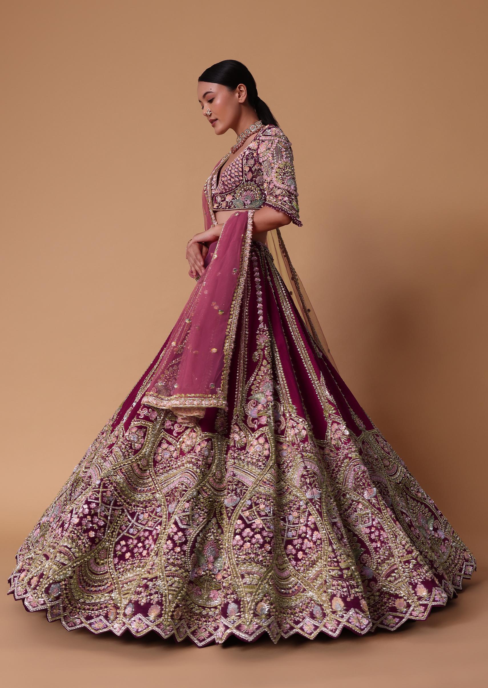 Scarlet Red Raw Silk 16 Kali Zardosi Lehenga With Koti Style Blouse Set - Image 5