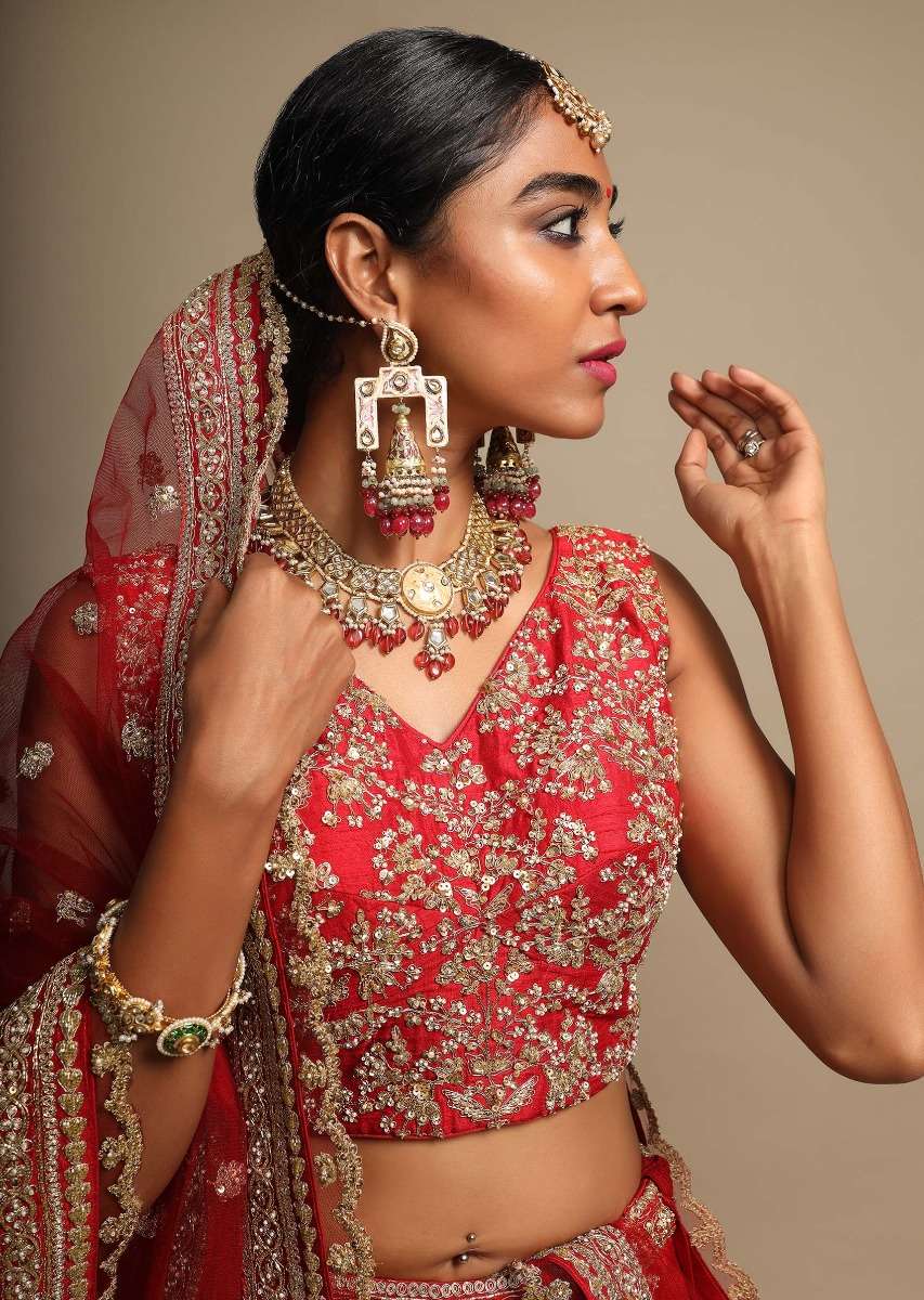 Scarlet Red Lehenga Choli In Raw Silk With Zari Embroidered Feminine Floral Kalis - Image 2