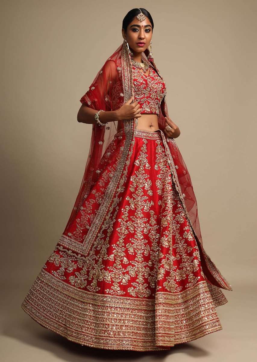 Scarlet Red Lehenga Choli In Raw Silk With Zari Embroidered Feminine Floral Kalis - Image 3