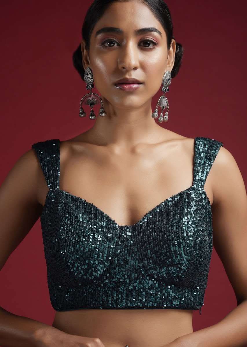 Sea Blue Blouse Embellished In Sequins With Tapering Straps On The Shoulders And Corset Neckline - Image 3